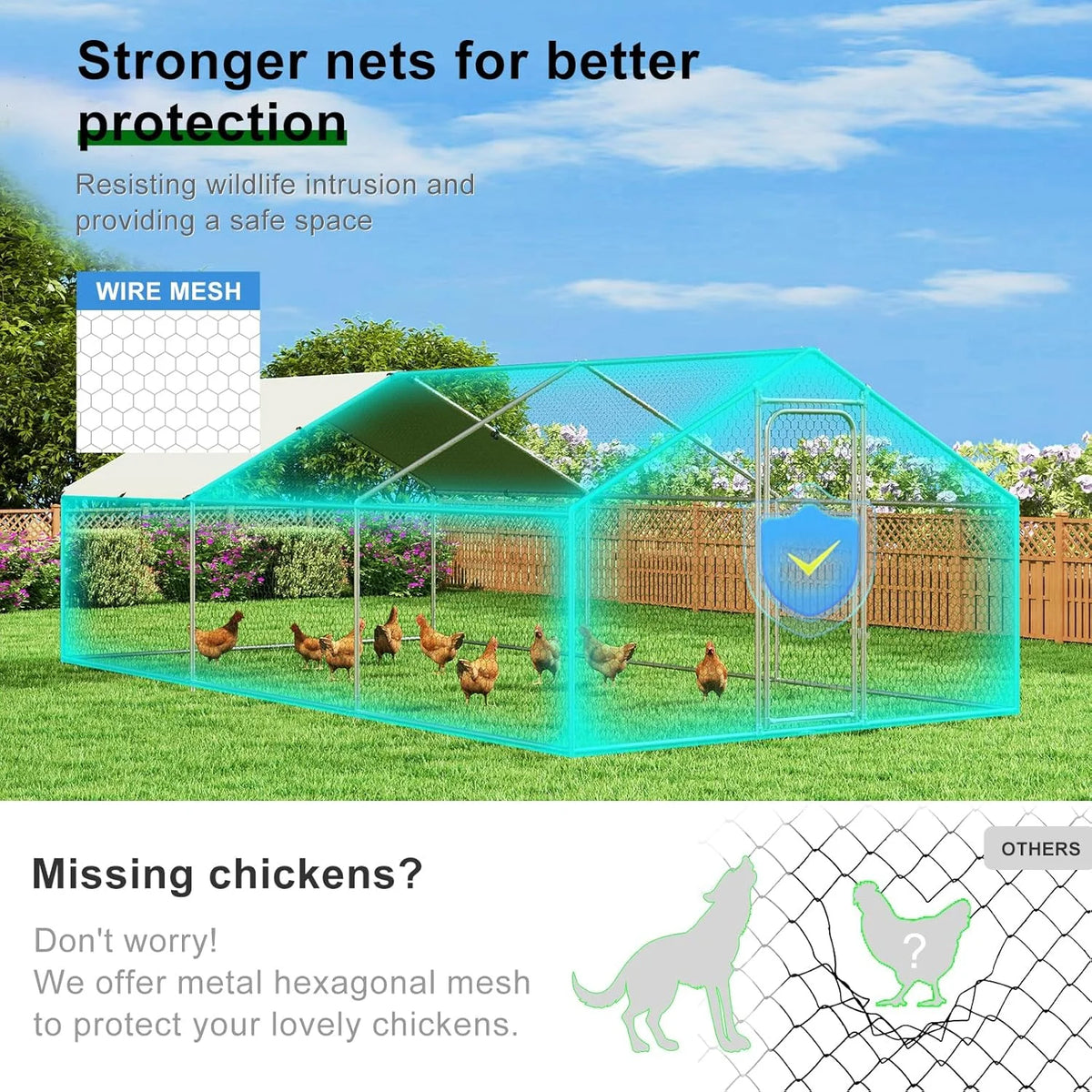 Large Metal Chicken Coop Walk-in Poultry Cage with Waterproof and UV-Resistant Cover Outdoor Chicken Run Hen Rabbit Duck House for Backyard Farm Use Spire Roof(10 W x 4.9 L x 6.4 H)