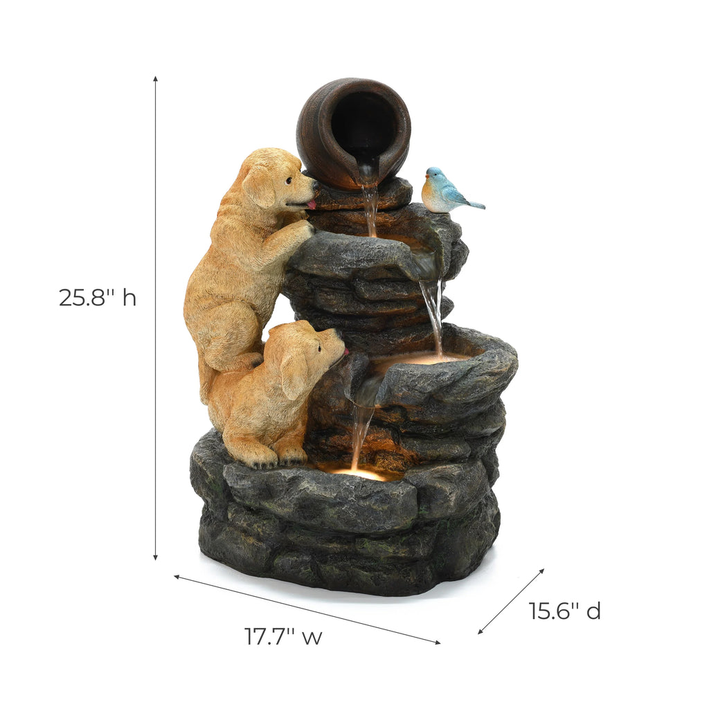 LuxenHome Outdoor Water Fountain, 26" Puppy and Rock Resin Water Fountains Indoor with LED Lights