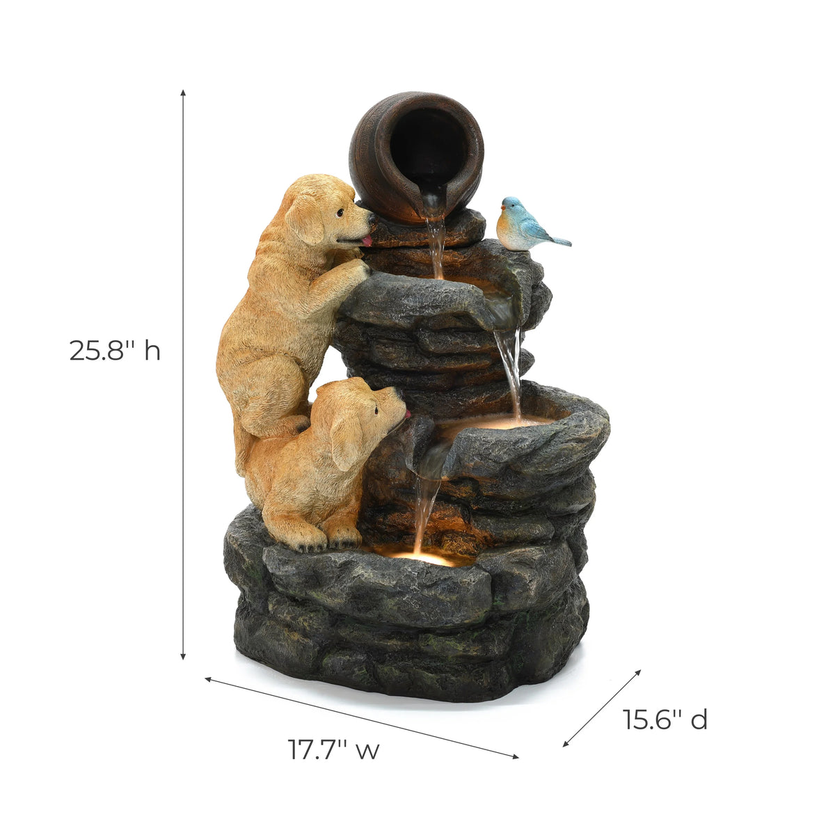 LuxenHome Outdoor Water Fountain, 26" Puppy and Rock Resin Water Fountains Indoor with LED Lights