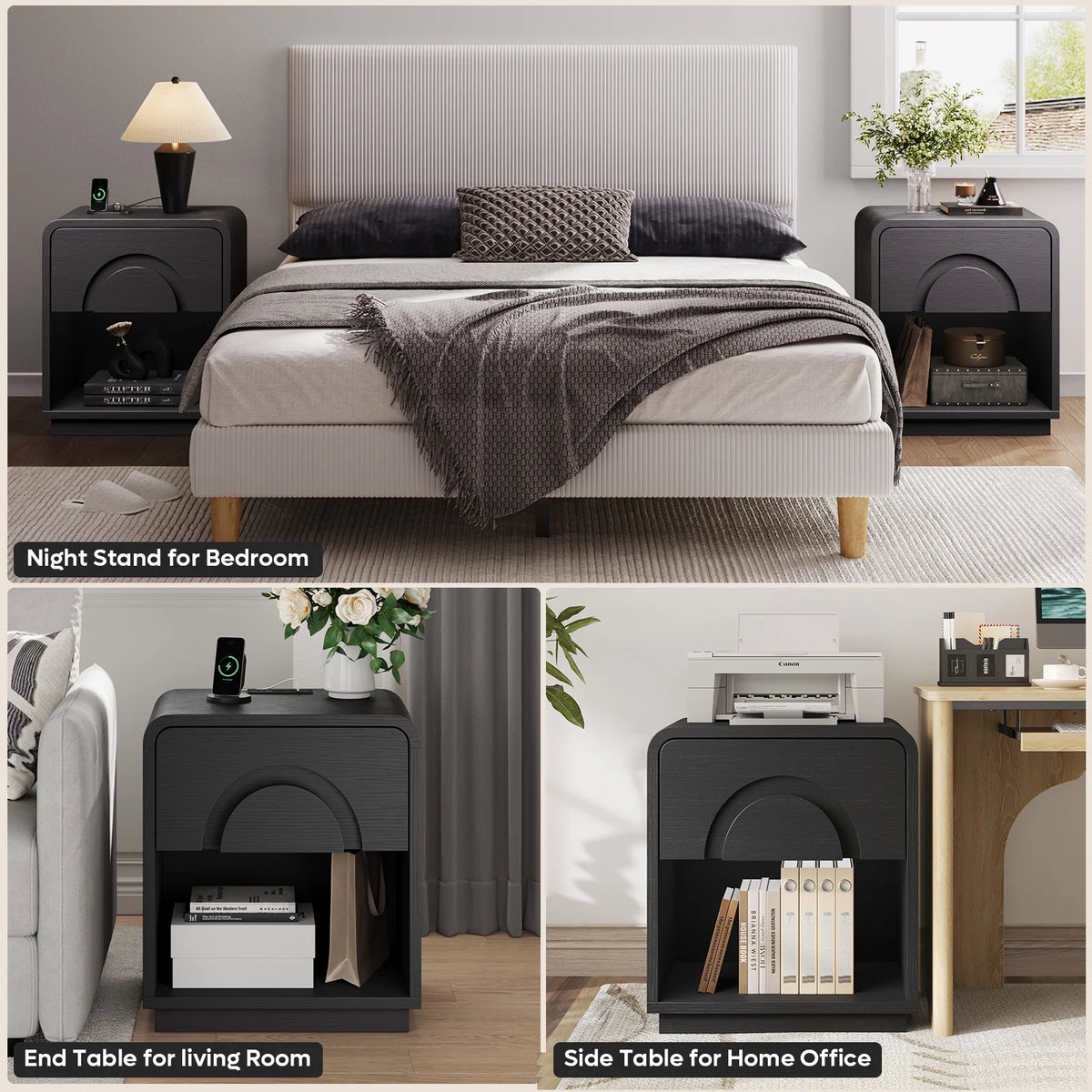 Bestier Nightstands Set of 2 with Charging Station, Modern Bedside Table End Table with Storage Drawer & Open Shelf for Bedroom Living Room Dorm Office, Natural