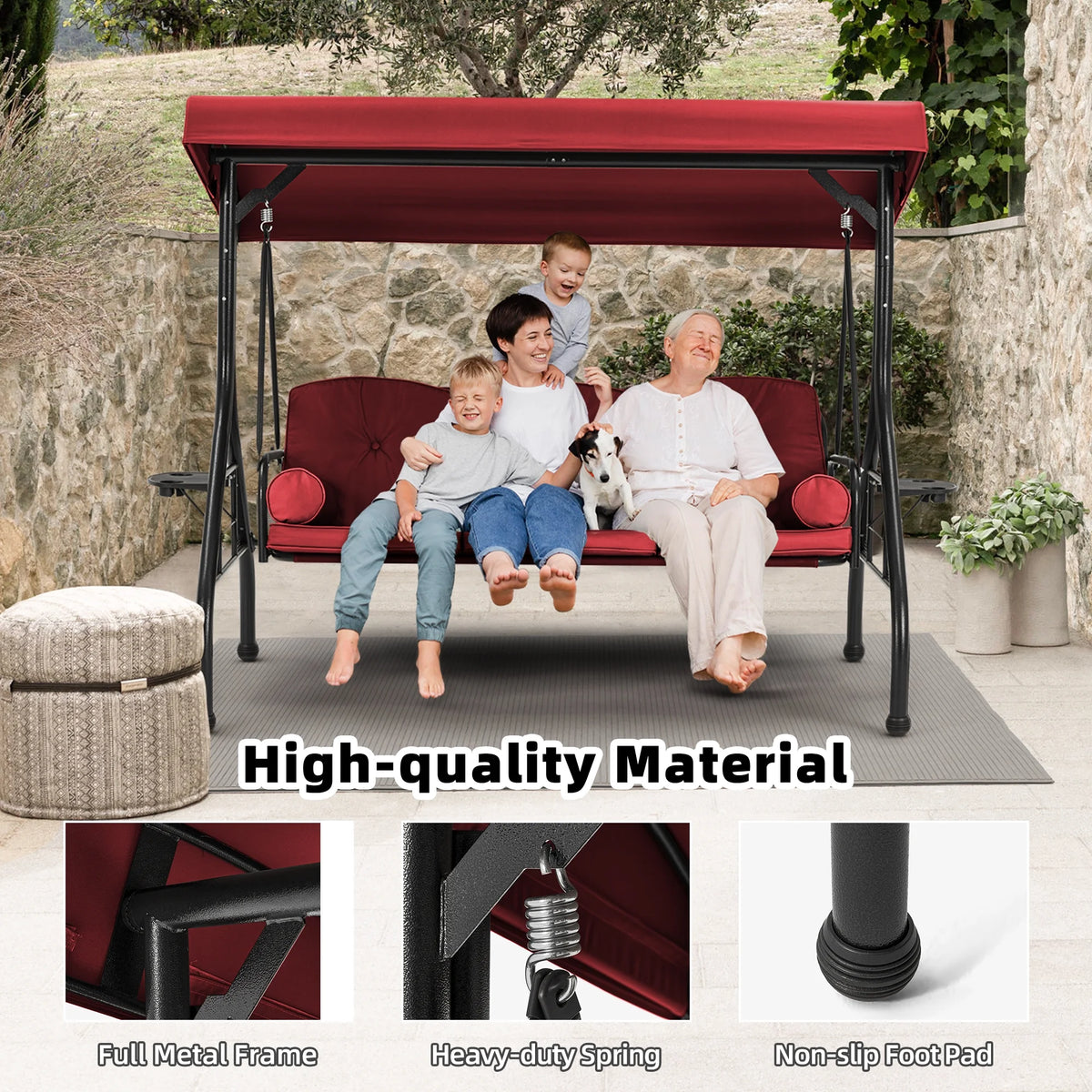 Homrest 3 Seat Outdoor Porch Swing with Adjustable Canopy, Cushions, and Cup Holder - Wine Red