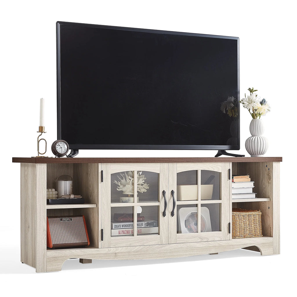 LINSY HOME Modern Farmhouse TV Stand for TVs up to 65",Home Entertainment Center with Storage Cabinet and Adjustable Shelves,Washed Grey & Brown