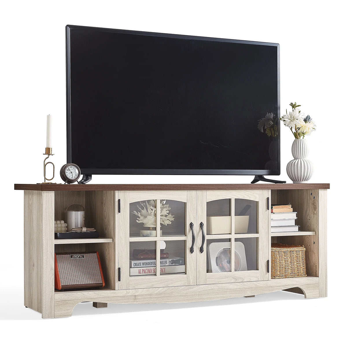 LINSY HOME Modern Farmhouse TV Stand for TVs up to 65",Home Entertainment Center with Storage Cabinet and Adjustable Shelves,Washed Grey & Brown