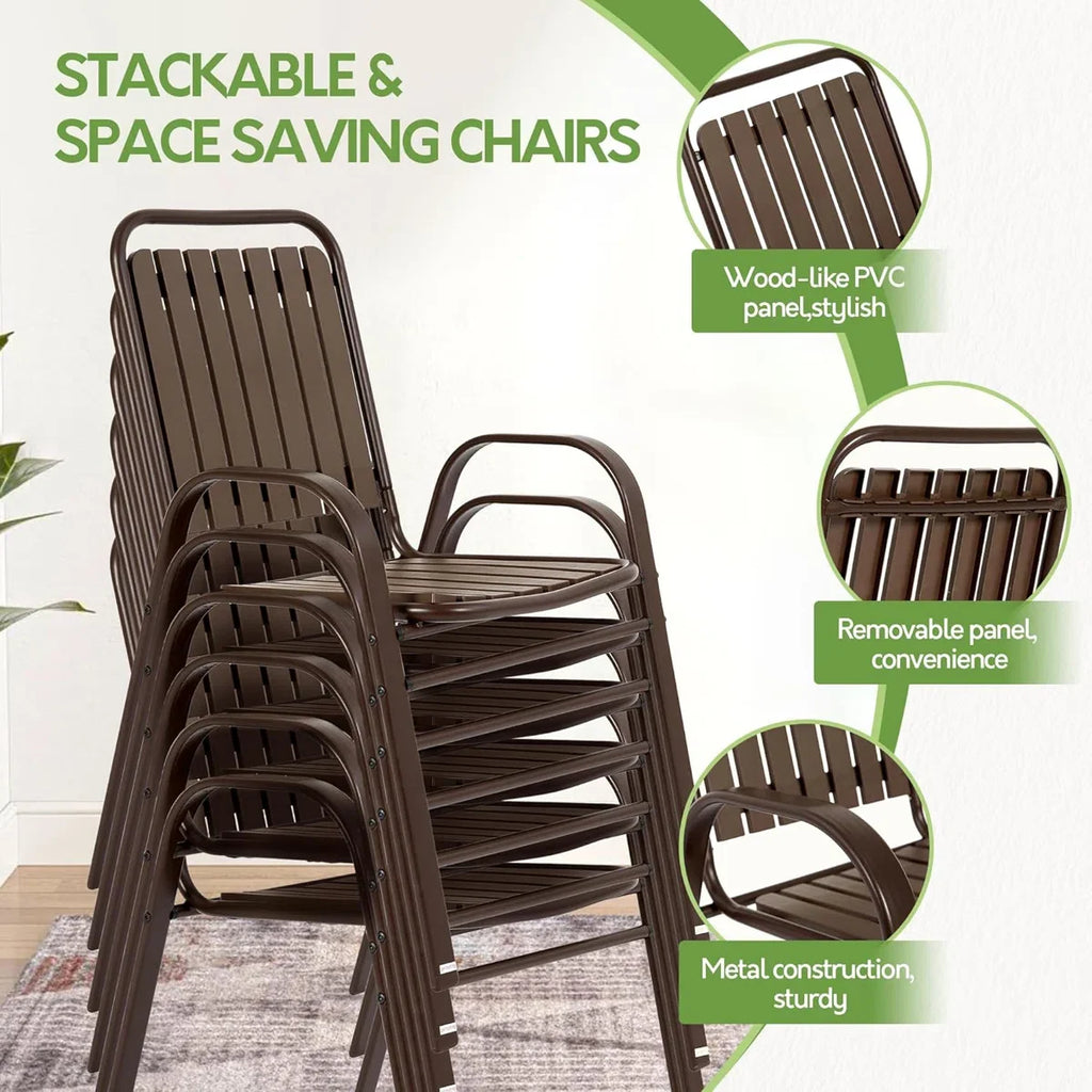 Seizeen Outdoor Dining Set for 6, Plastic Wood Patio Furniture Set with Steel Frame, Space-saving Dining Table and Chairs Stockable Design, All-weather Porch Garden Yard Conversation Furniture, Black