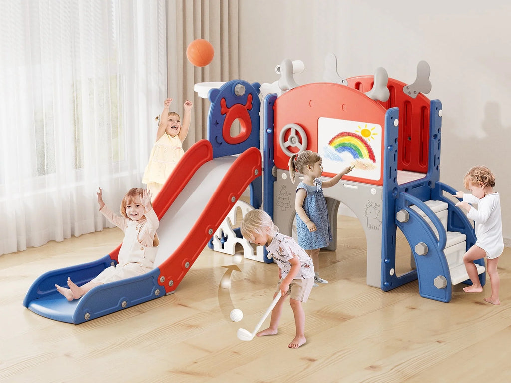 Korimefa 11-in-1 Toddler Slide Set with Golf, Basketball Hoop, Kids Slide for Toddlers Age 1-4, Climber Slip and Slides, Baby Outdoor Toys