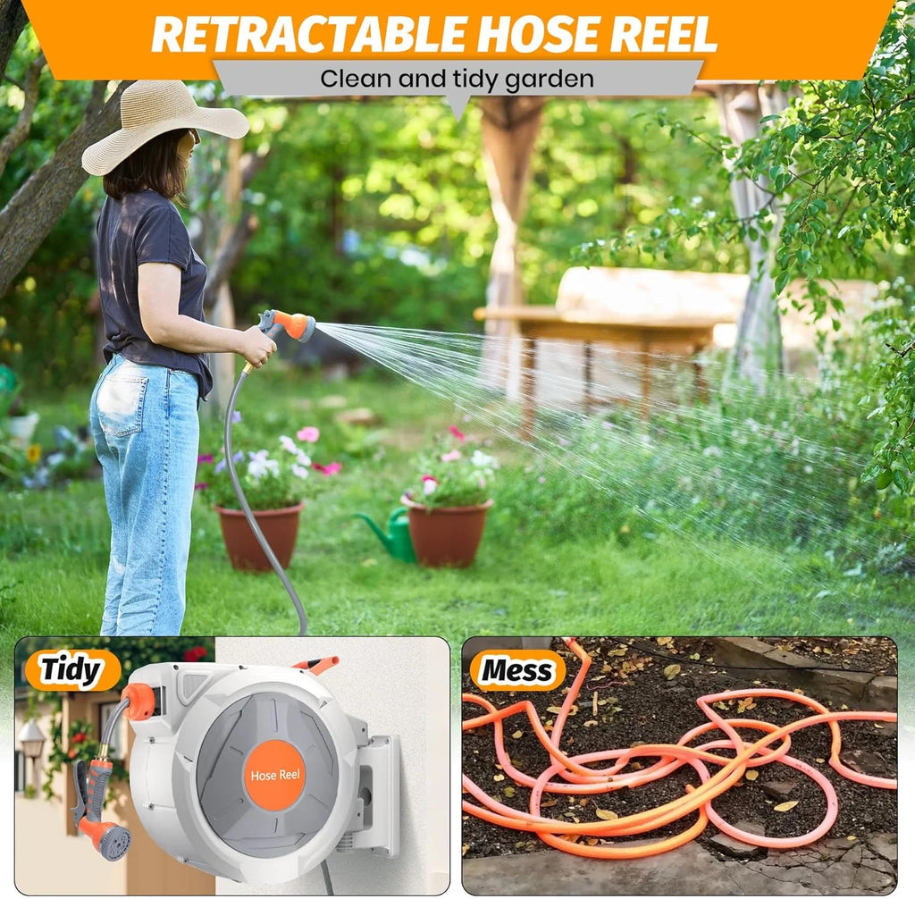 Auto-Retract Wall-Mounted Garden Hose Reel w/9-Pattern Nozzle, 180 Swivel & Any-Length Lock, 600PSI Durable