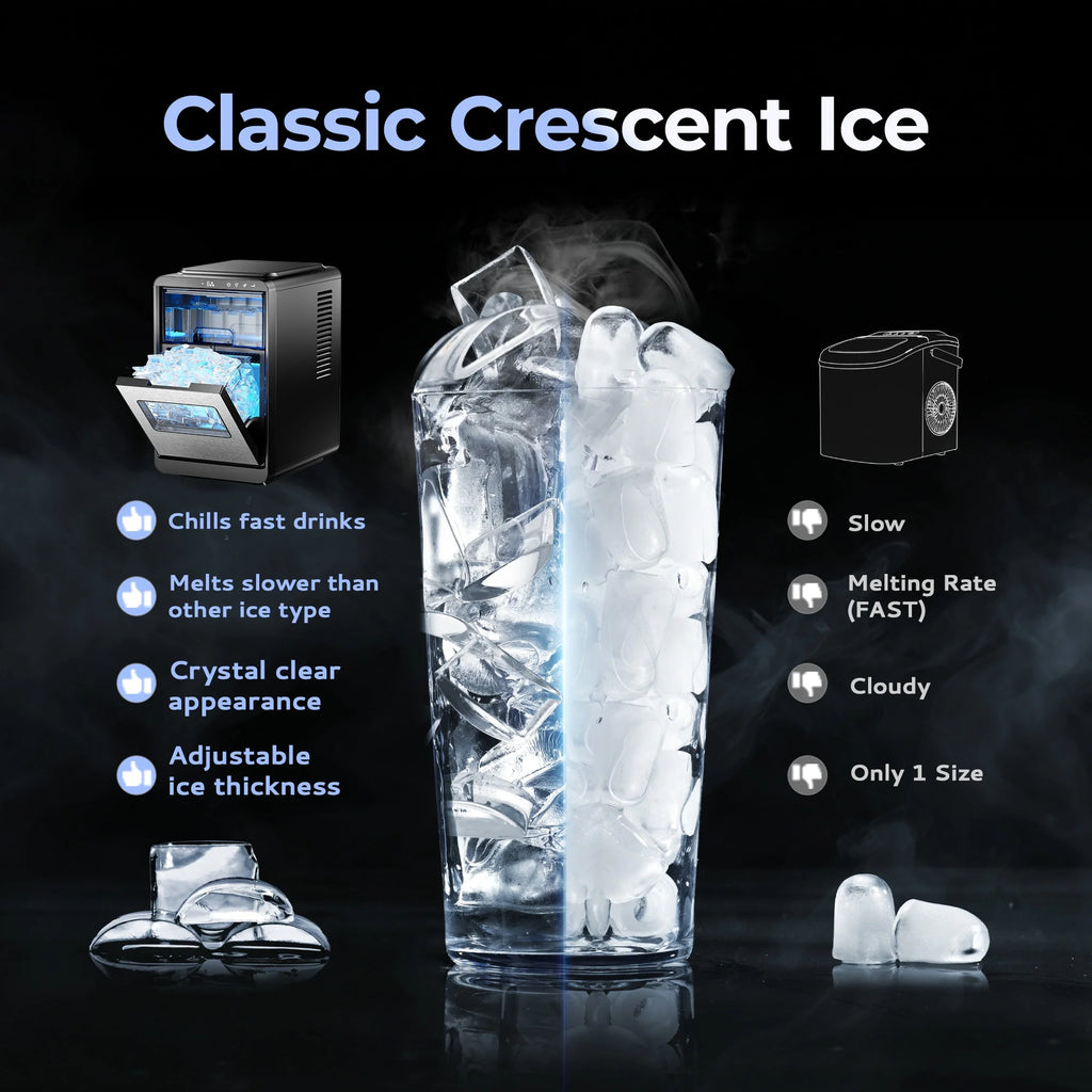 Simzlife Crescent Ice Makers Countertop, 35.9Lbs/24H, 16Pcs in 12Mins, Auto Deep Cleaning, Timer, Portable Crescent Ice Maker Countertop with Crystal-Clear Ice Cubes for Home/Office/Party