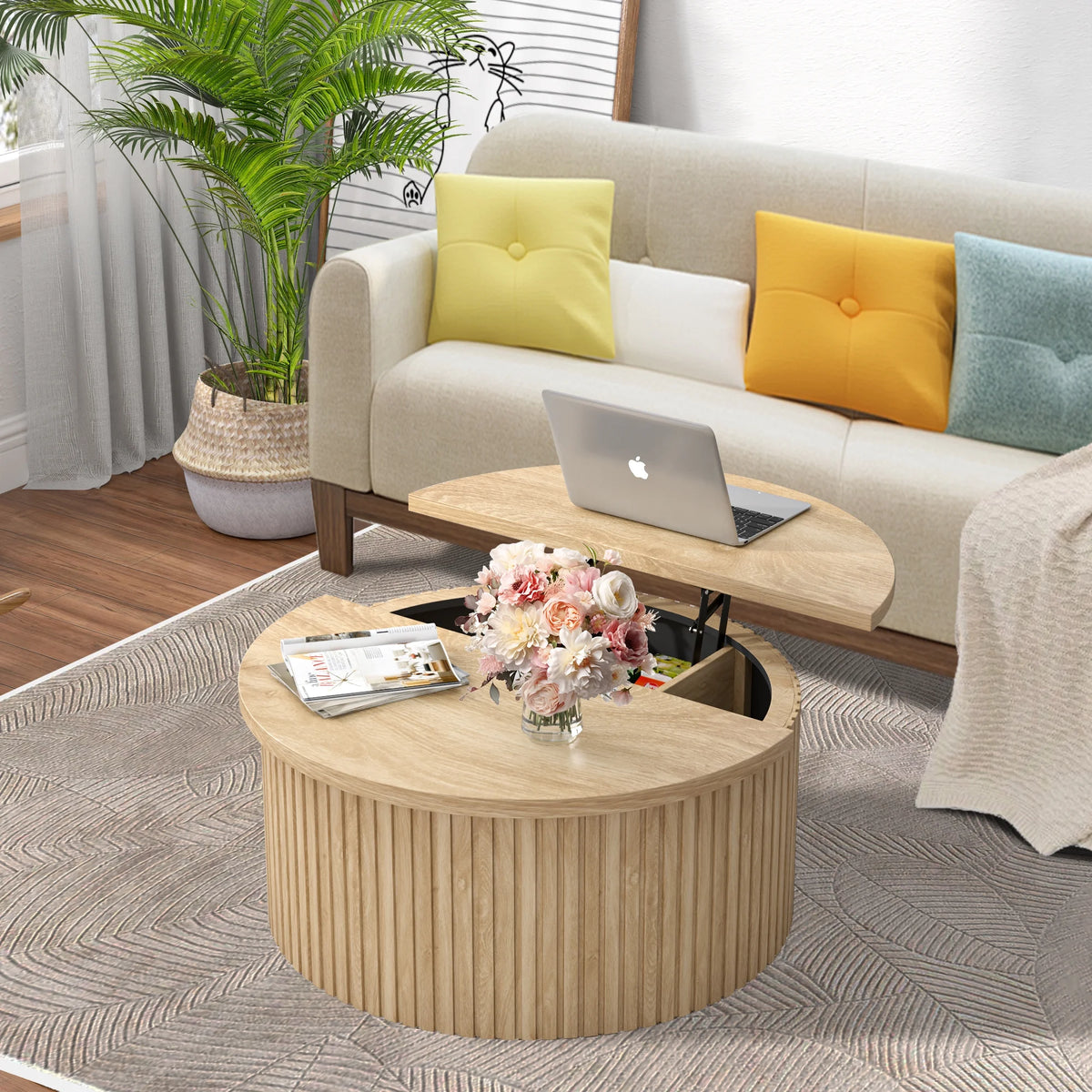 Oubayajia Round Coffee Table with Storage, Wood Lift Top Coffee Table, Waveform Panel, Natural
