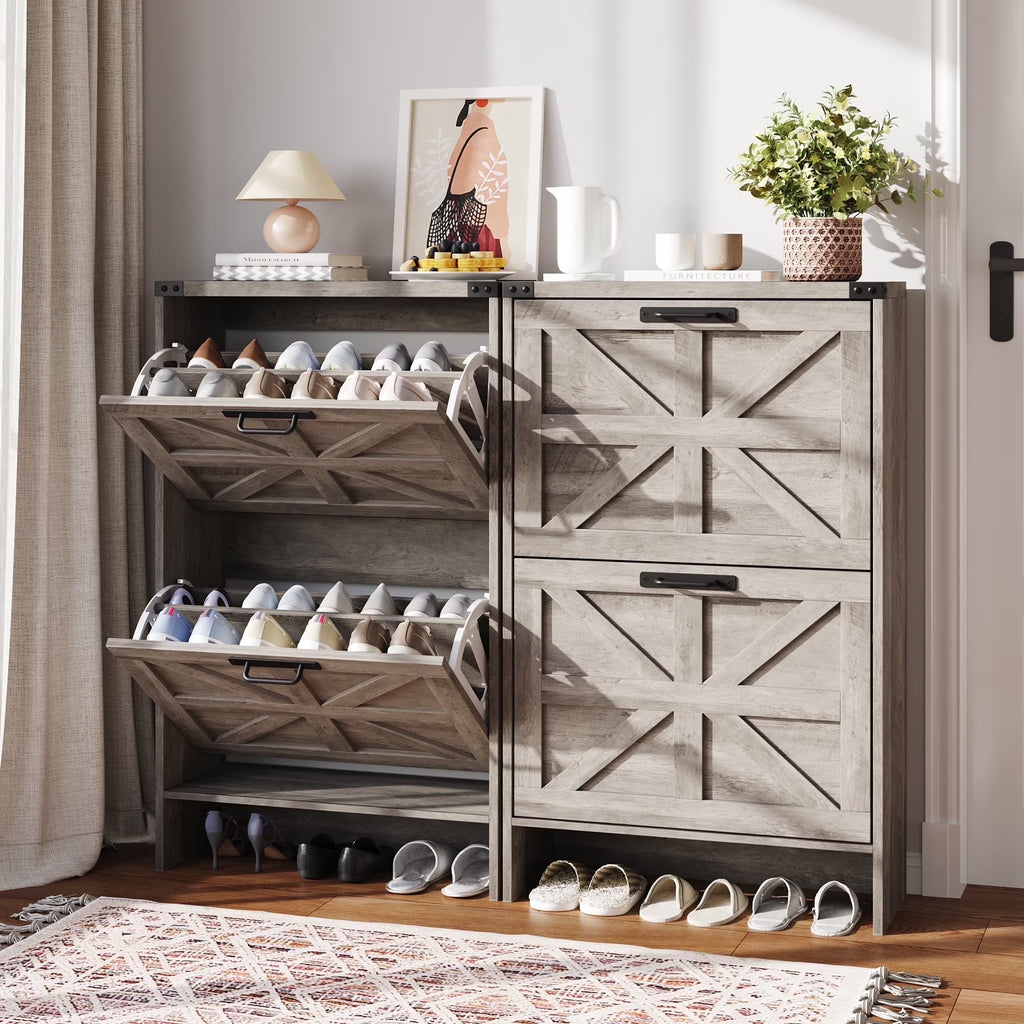 VEANERWOOD Shoes Storage Cabinet With Doors, Farmhouse Shoe Cabinet With 2 Flip Drawers For Entryway,Gray
