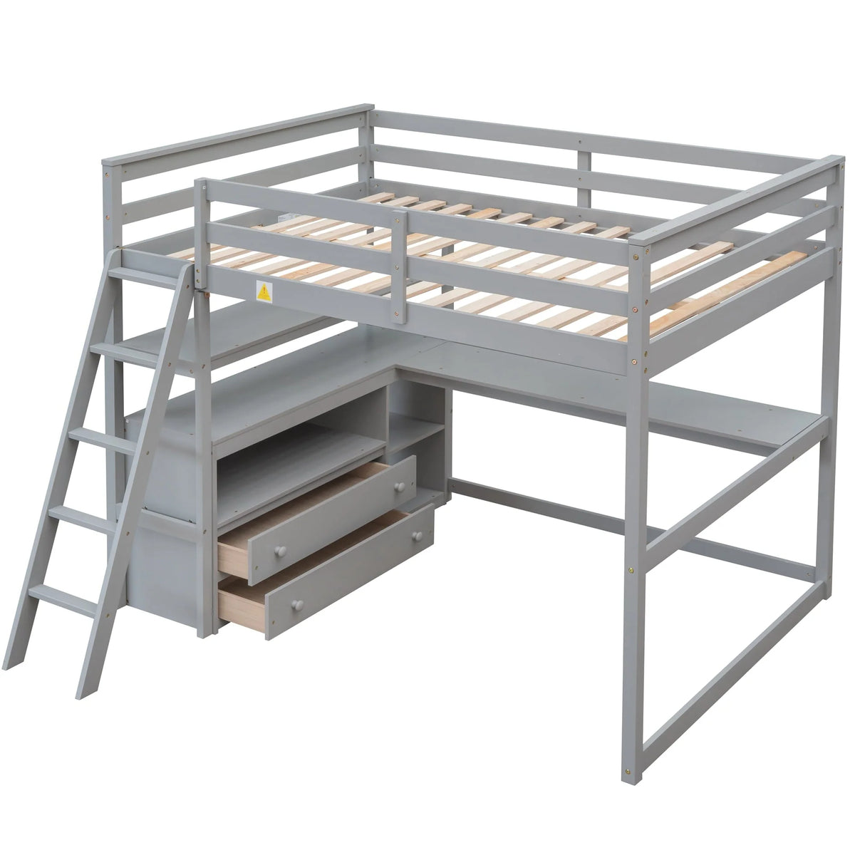 Euroco Full Size Wood Loft Bed with Desk, Shelves and Cabinets for Kids Room, Incline Ladder and 3 Drawers, Gray