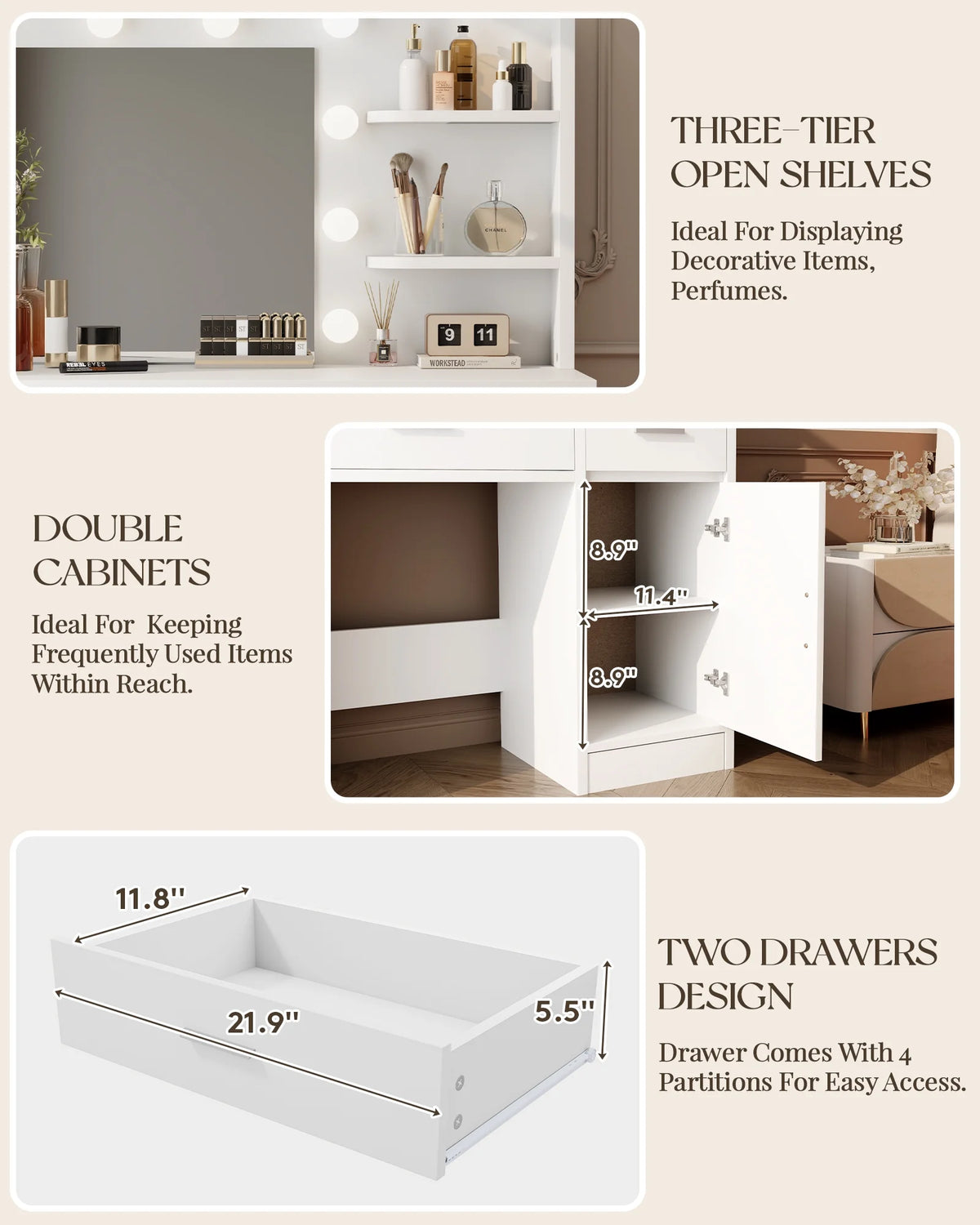 LIVELYGLOW Vanity Desk with Mirror and Lights, Makeup Vanity with Drawer & Storage Shelves, Cabinet, 3 Lighting Modes Adjustable Brightness,White