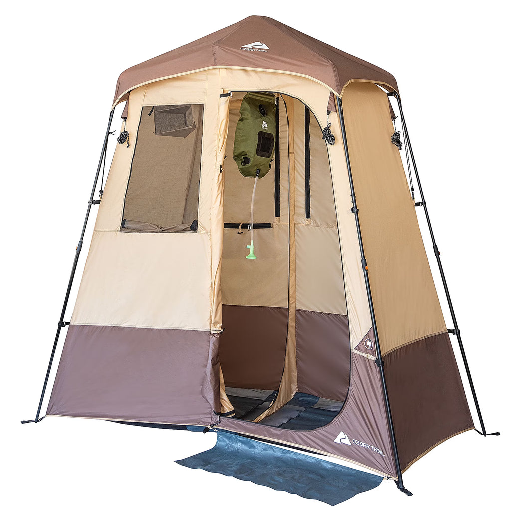 Ozark Trail 2-Room Shower & Utility Tent Combo Includes 5-Gallon Water Container, Easy Setup, Maximum Occupancy Is 2. Khaki Colour.