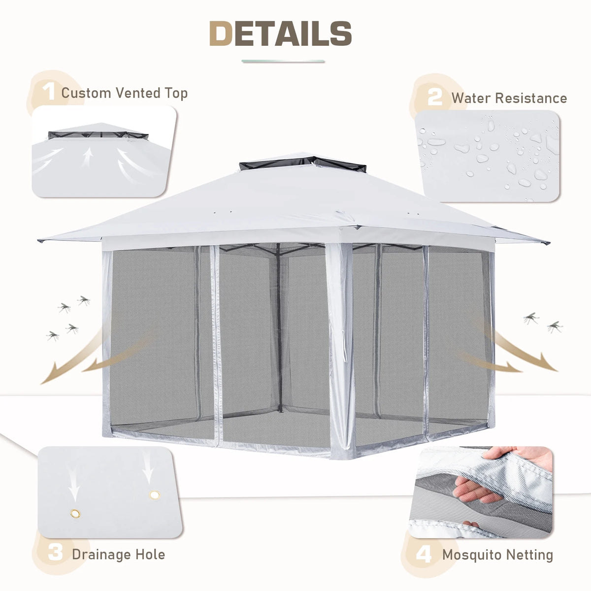 EAGLE PEAK 13' x 13' Pop-Up Gazebo Tent Instant w/Mosquito Netting，Outdoor Gazebo Canopy Easy Set-up Folding Shelter (Beige/Brown)