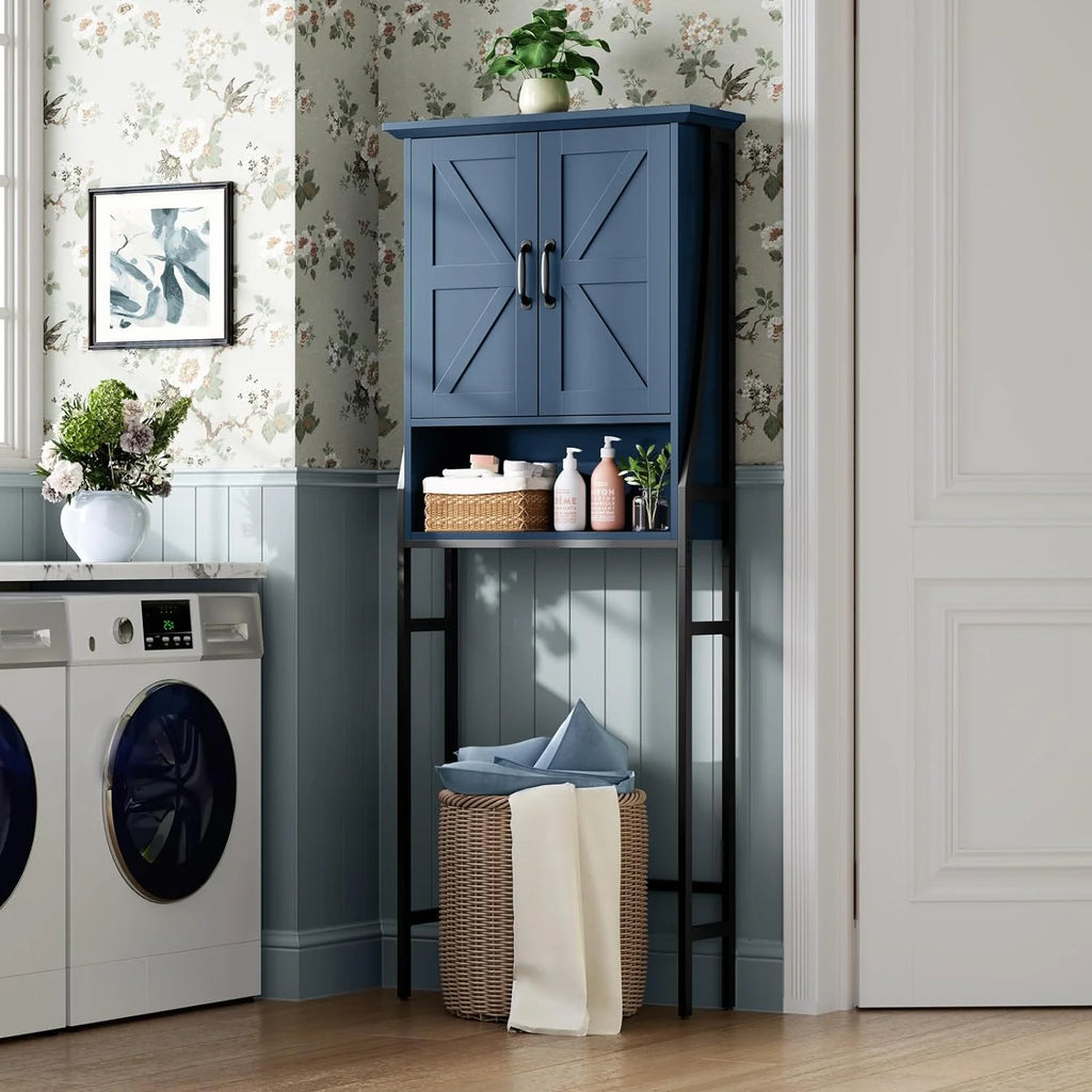 Over The Toilet Storage Cabinet, Over Toilet Bathroom Organizer, Above Toilet Storage Cabinet with Barn Doors Behind Toilet Bathroom Organizer Over-The-Toilet Cabinet (Cream White)