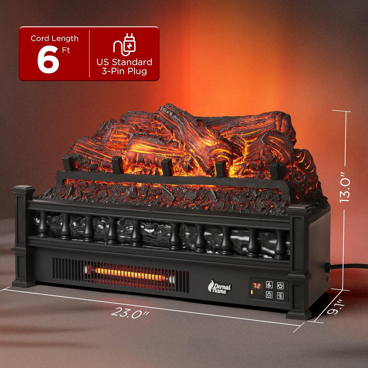 TURBRO Eternal Flame Infrared Electric Fireplace Logs, 23" Remote Control Fireplace Insert Log Heater, Realistic Lemonwood Ember Bed, Thermostat, Timer, 1500W Black