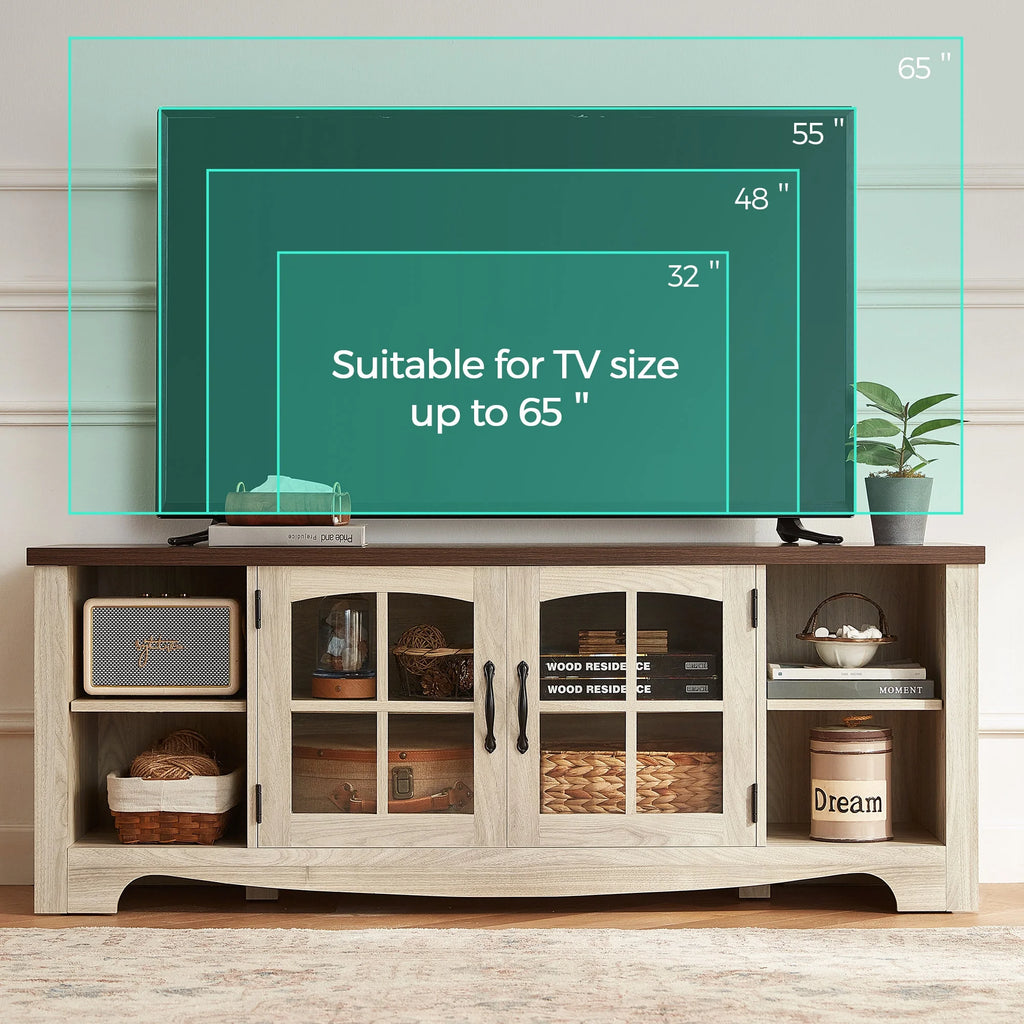 LINSY HOME Modern Farmhouse TV Stand for TVs up to 65",Home Entertainment Center with Storage Cabinet and Adjustable Shelves,Washed Grey & Brown