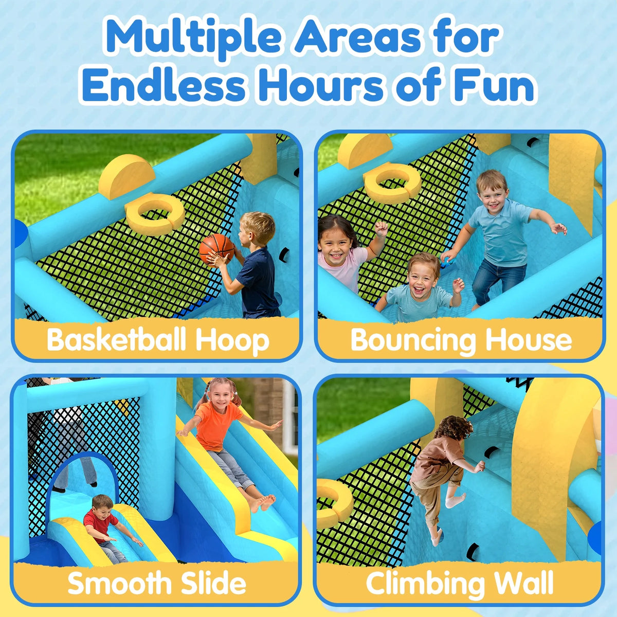 Mukidy 114''x 114'' x 92.5'' Inflatable Bounce Houses for Kids 3-10 with Blower Double Slide and Ball Pit/Indoor Bouncy House, PVC, Child, Teen, Toddler，Blue