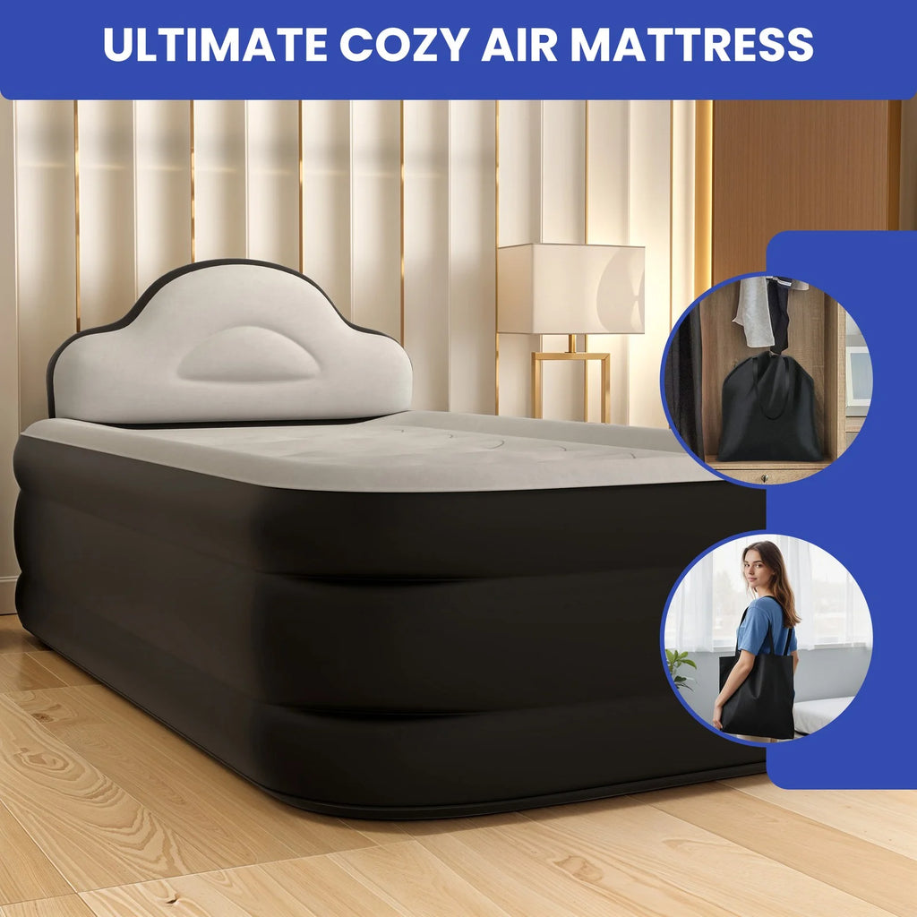JWRWEF Twin XL Inflatable Air Mattress 18" Raised Bed with Built-in Pump, Headboard & Carry Bag, Portable Blow Up Bed for Guests, Travel, Camping