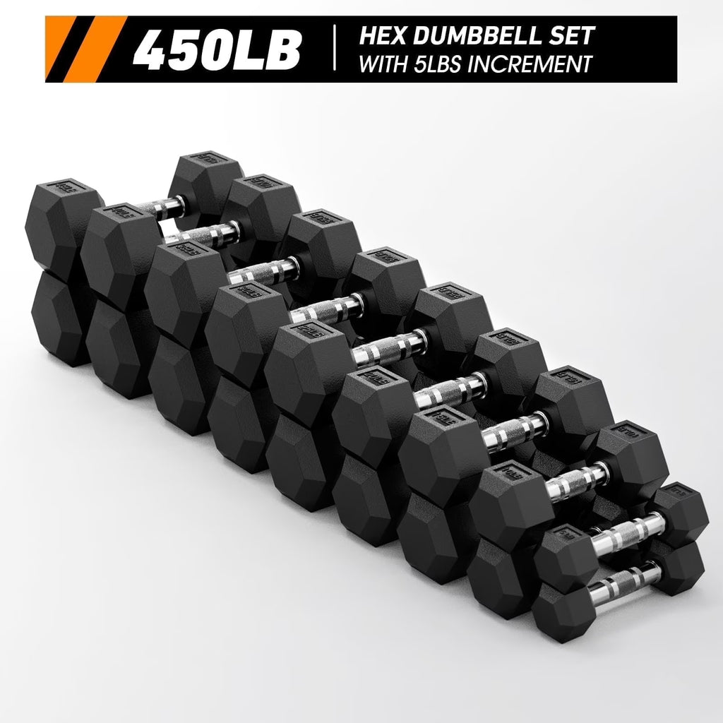 Mikolo Rubber Hex Dumbbell Set with Racks, Option in 450lbs, Strength Training Weight Set Home Gym
