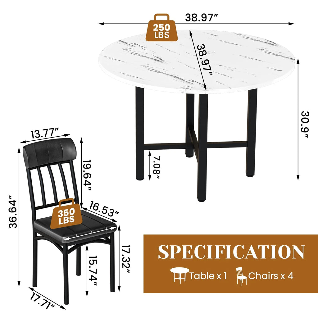 Furlinkhm Round Dining Table Set for 4, Wood Round Kitchen Table and Chairs Set for 4, Modern Dining Room Table Set with 4 Faux Leather Chairs, Round Dinner Table for Small Space, Walnut