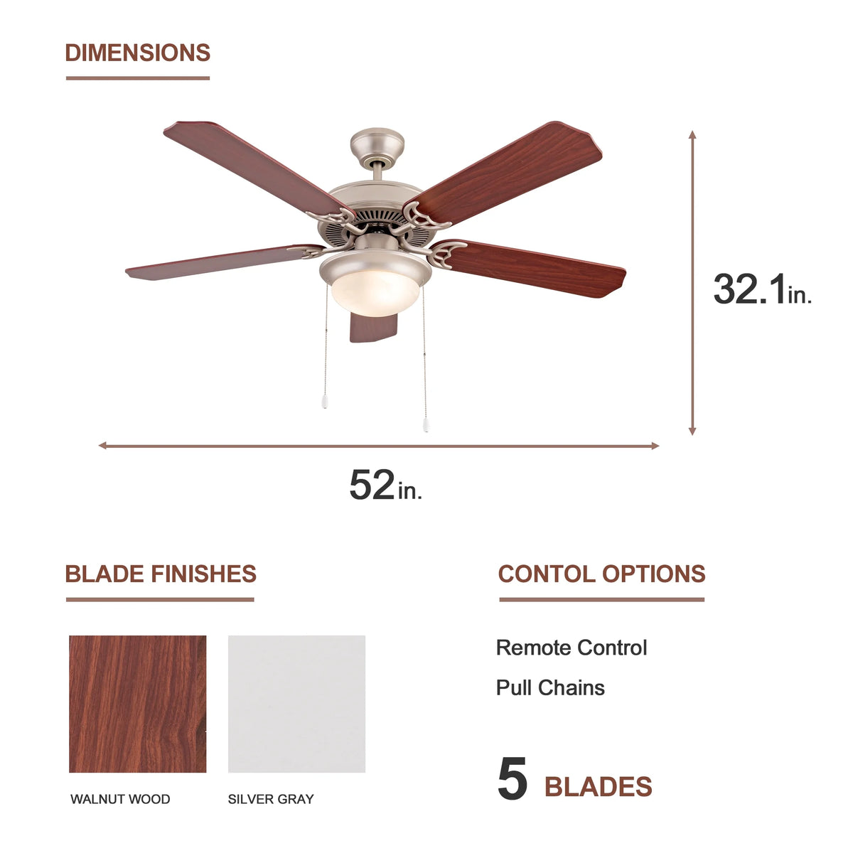 Simpol 52" Prominent Indoor Ceiling Fan with LED Light, Pull Chain and Remote Control, Reversible AC Motor, Walnut/Silver Reversible Blades and Satin Nickel Finish