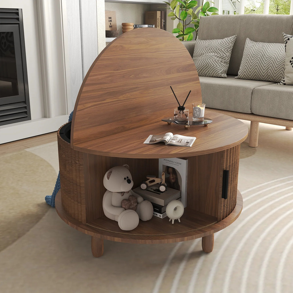 RUMLIVE Round Coffee Table with Storage, 30.7" Modern Coffee Table with 360 Curved Sliding Door, Fluted Wood Coffee Table with Footpads, Round Center Table for Living Room, Black