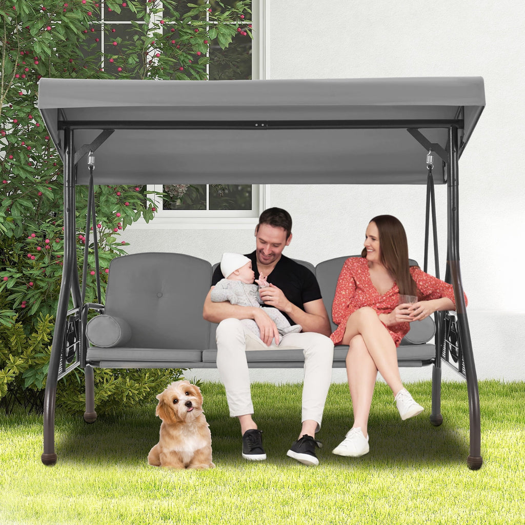 Homrest 3 Seat Outdoor Porch Swing with Adjustable Canopy, Cushions, and Cup Holder - Wine Red