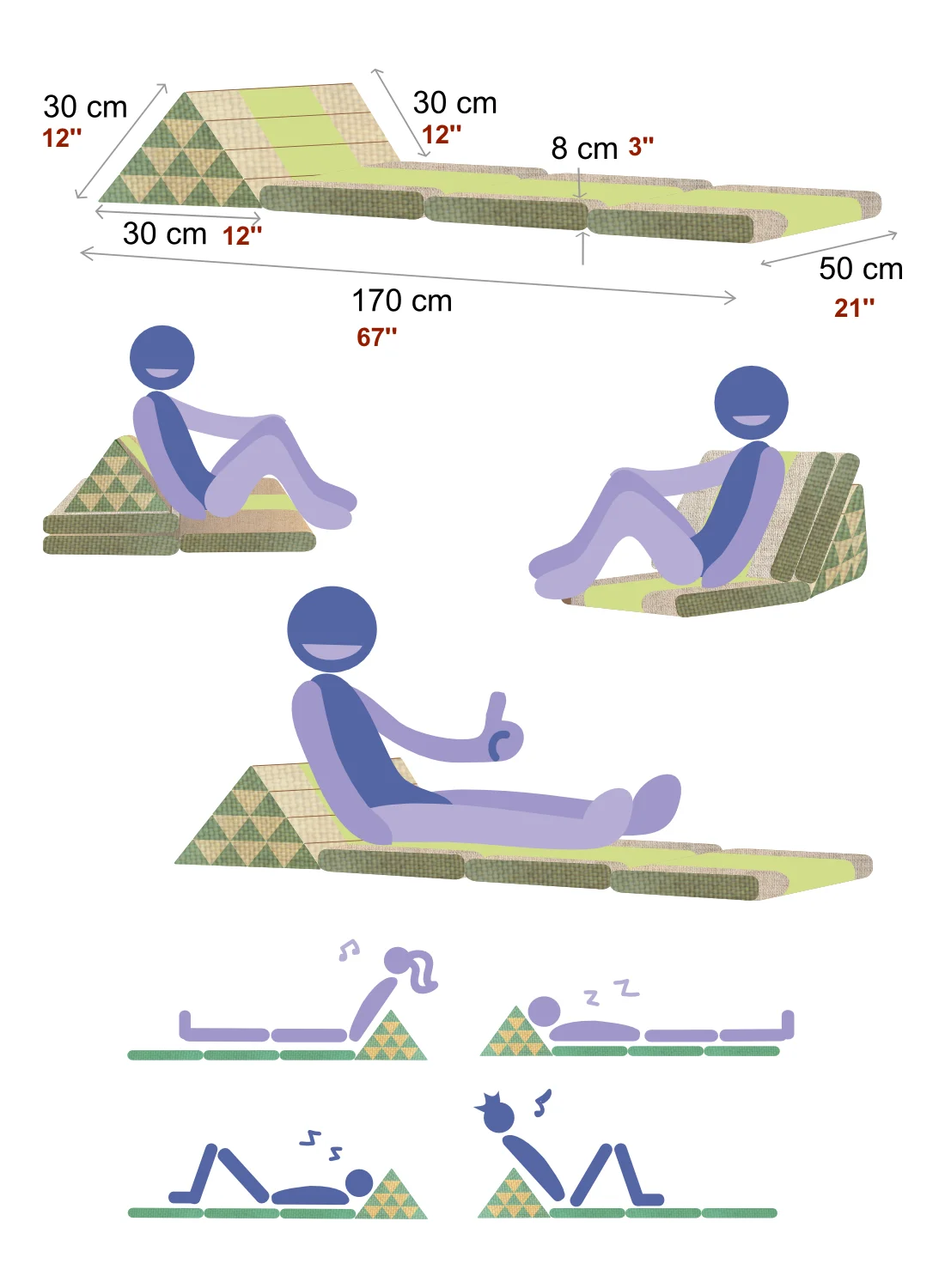 Leewadee - Comfortable Japanese Floor Mattress - Thai Floor Bed With Triangle Cushion - Futon Mattress - Thai Massage Mat,  Blue Red, Kapok Filling