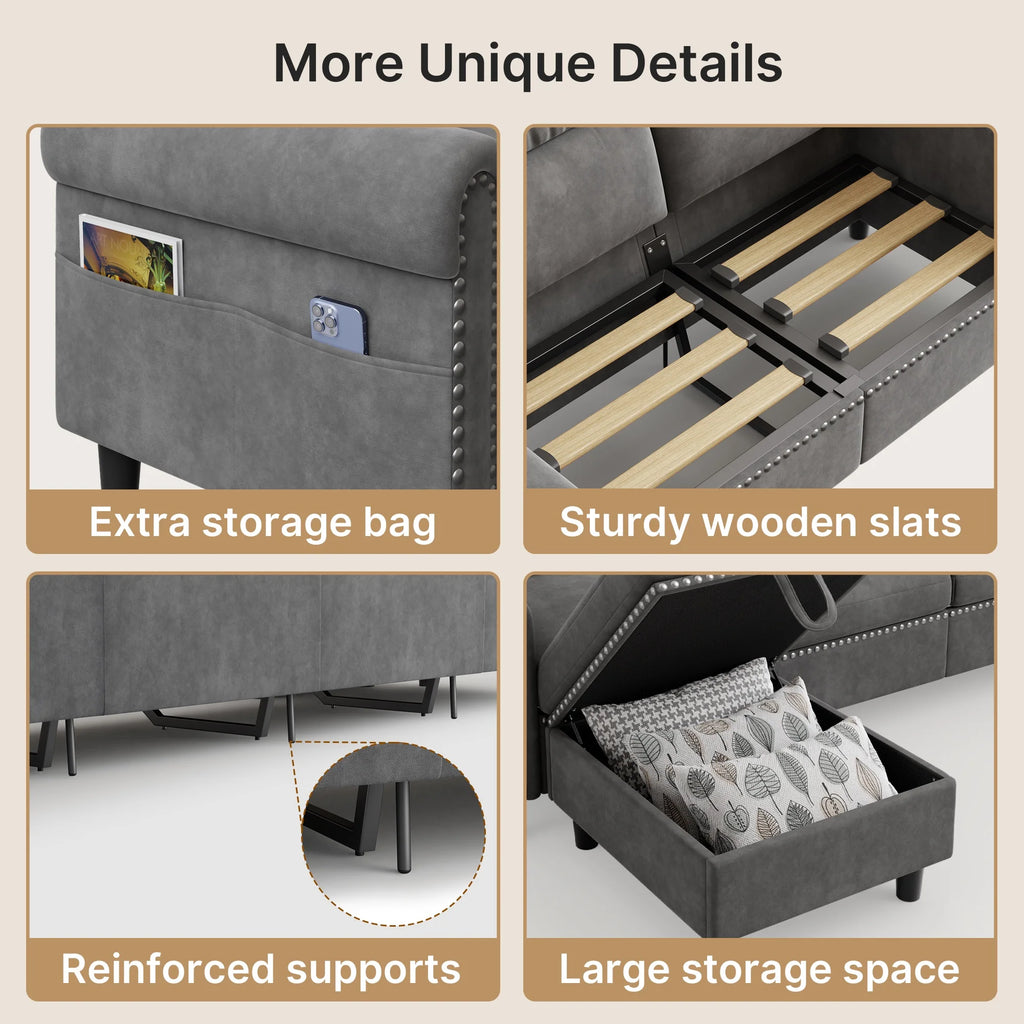 106" Modular Sectional Sofa Bed with Storage Ottoman, Lofka Modern Comfy Couches and Sofas with Side Pockets for Small Spaces, Living Room Furniture in Dark Gray