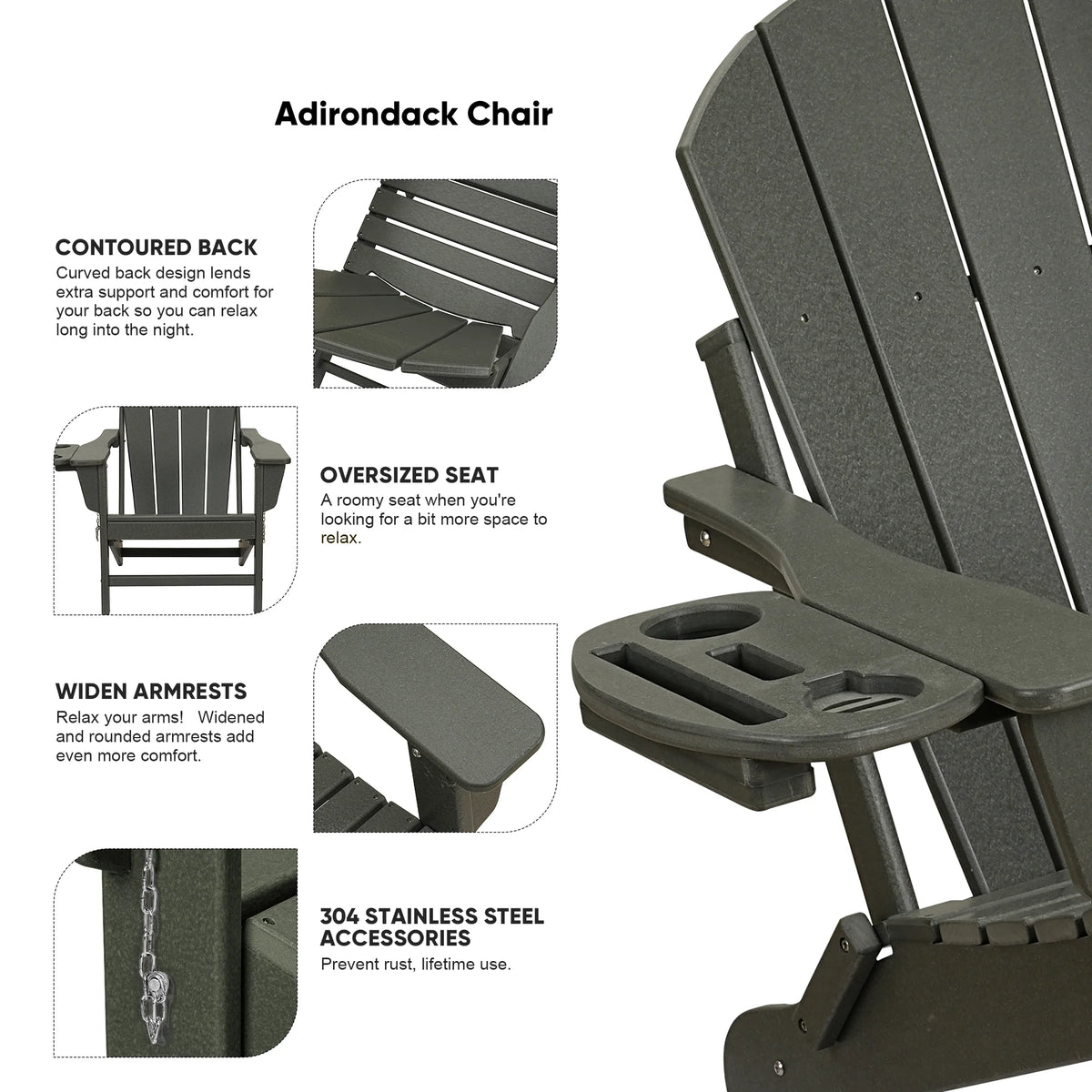 FOOWIN HDPE Plastic Adirondack Chairs Set of 4, Black