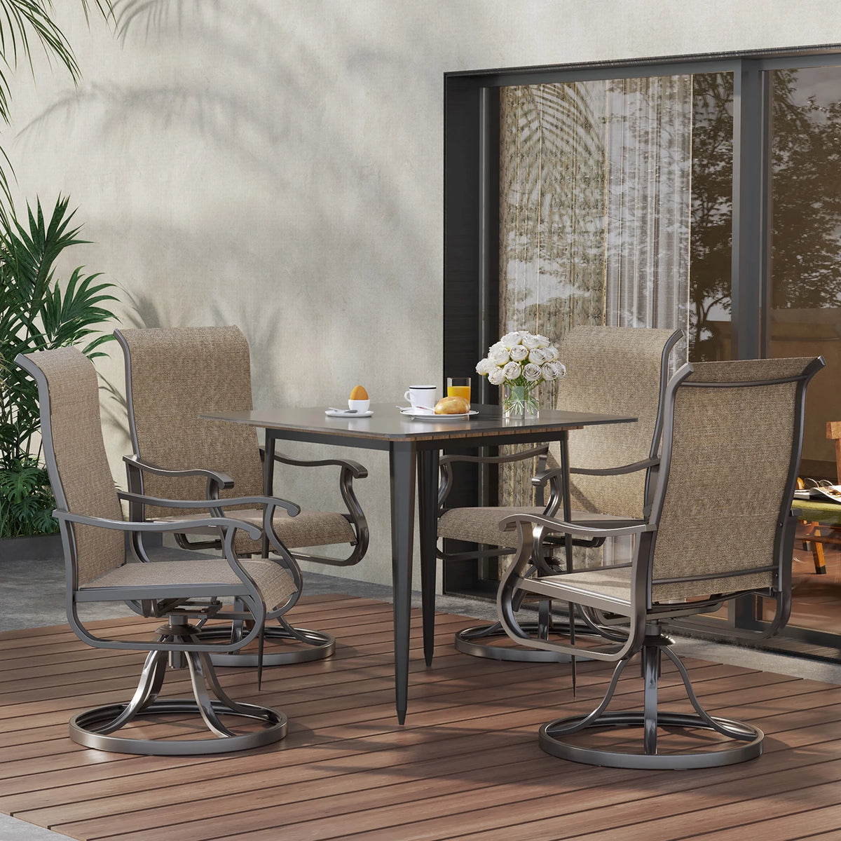 ELPOSUN Patio Swivel Chairs Set of 2, Outdoor Dining Chairs High Back All Weather Breathable Textilene Outdoor Swivel Chairs with Metal Rocking Frame for Lawn Garden Backyard Deck, Khaki