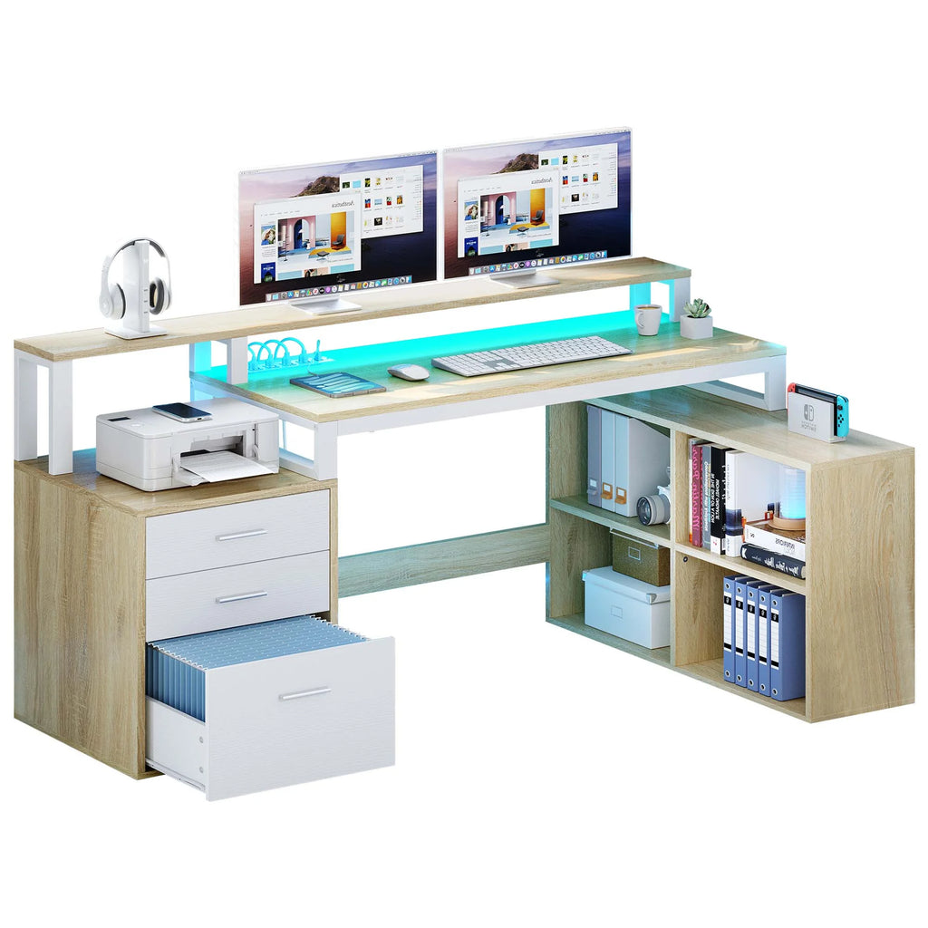 Dextrus 65" L Shaped Desk with Power Outlets and Monitor Stand , Computer Desk with LED Light &File Cabinet, Corner Desk with 3 Drawers & 4 Open Storage Shelves, Modern Home Office Desk, White