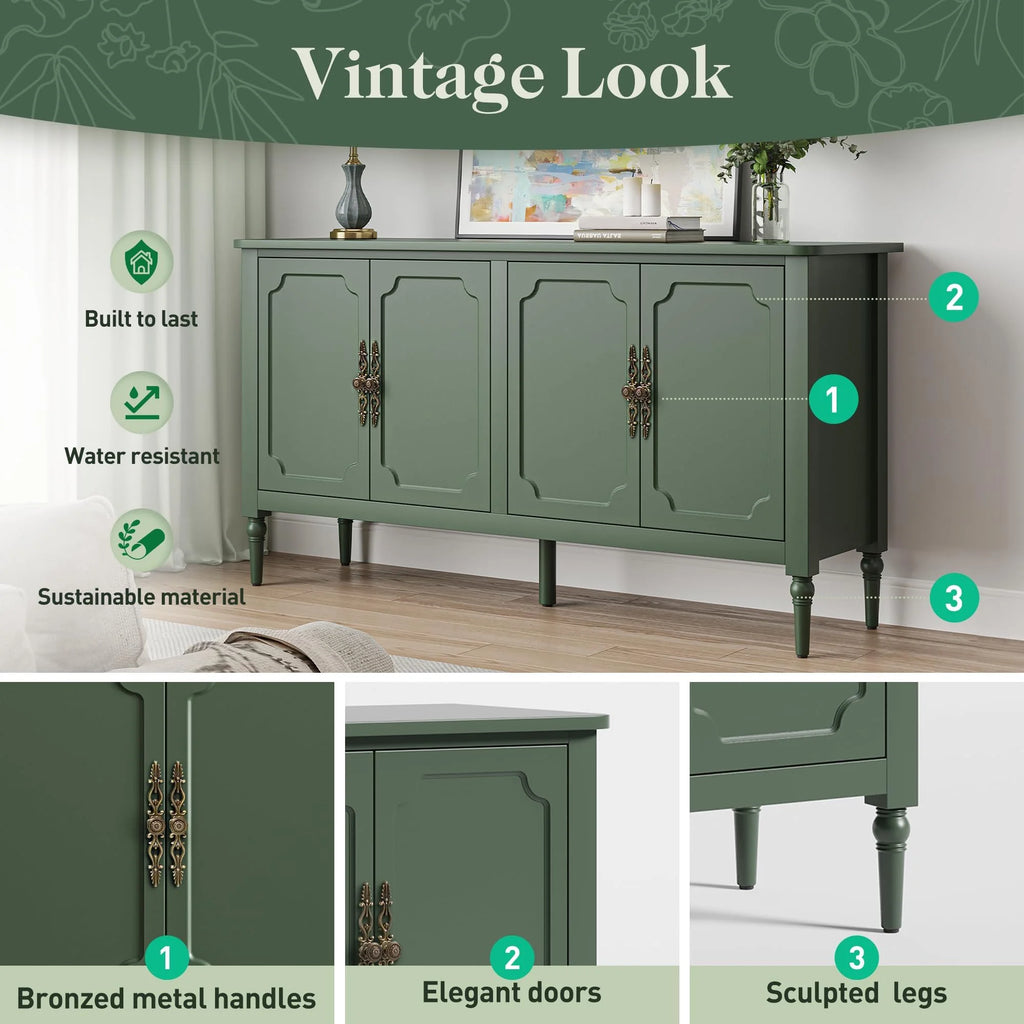May in Color Console Cabinet, 58'' Wood Sideboard Buffet Cabinet with Storage & 4 Doors, Mid Century Modern Pantry Cabinet for Entryway, Living Room, Bedroom, Dining Room, Green