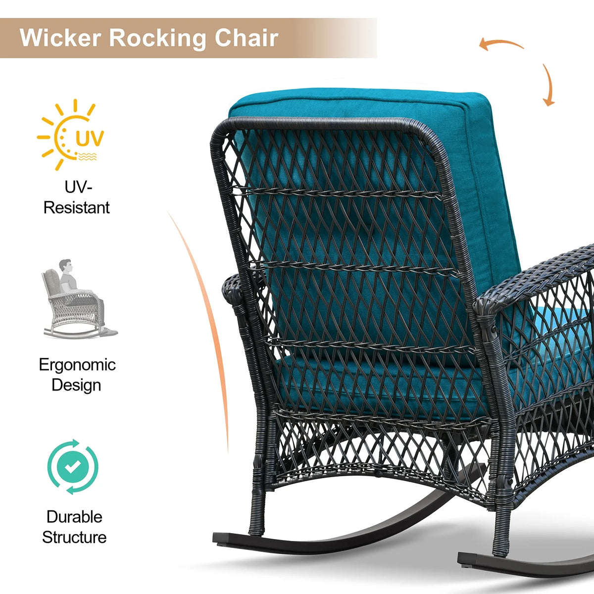 JP Outdoor 3Pcs Outdoor Wicker Rocking Porch Chairs with Coffee Table,Kahki