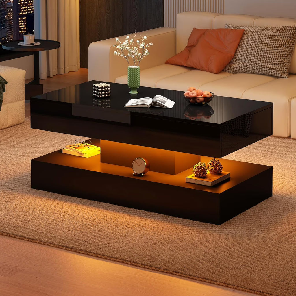 ChVans Large Black LED Coffee Table with 2 Storage Drawers, Modern High Gloss Coffee Table w/20 Colors LED Lights/APP Control, 2 Tiers Rectangle Large Living Room Furniture w/Marbling Print(47.3")