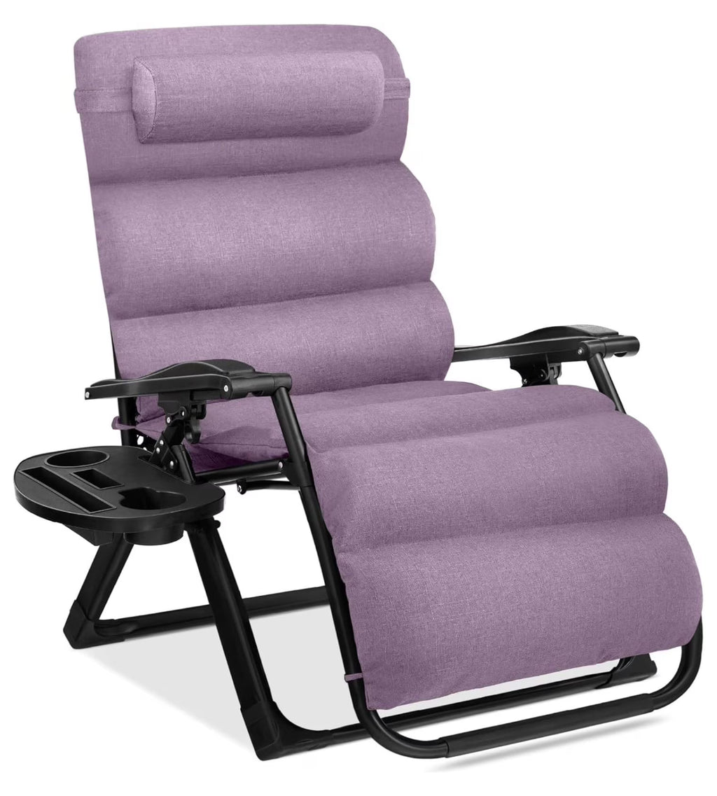 Oversized Chair, Folding Outdoor Patio Recliner, XL Anti Gravity Lounger w/Removable Cushion, Cup Holder, Side Tray, 350lb Capacity - Taupe