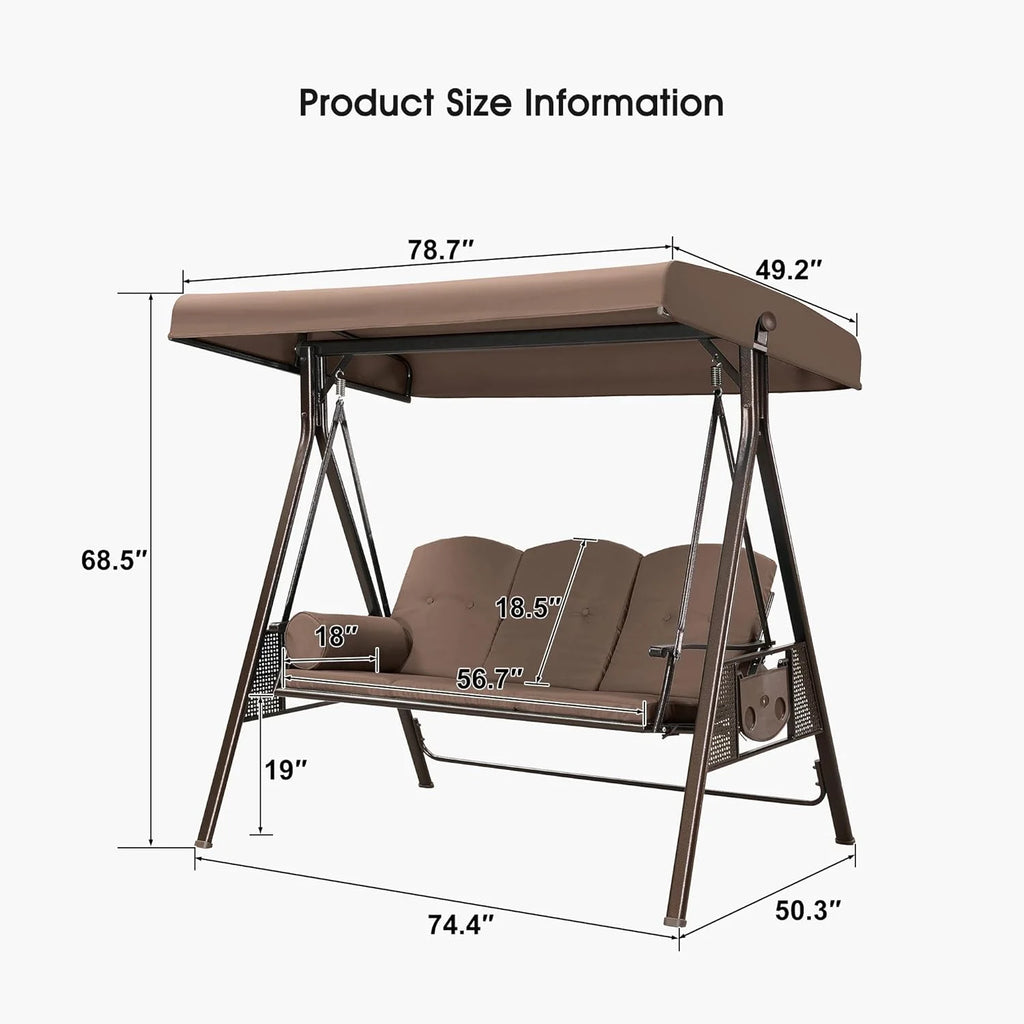 PURPLE LEAF 3-Seat Deluxe Outdoor Patio Porch Swing with Weather Resistant Steel Frame, Adjustable Tilt Canopy, Cushions and Pillow Included, Terra