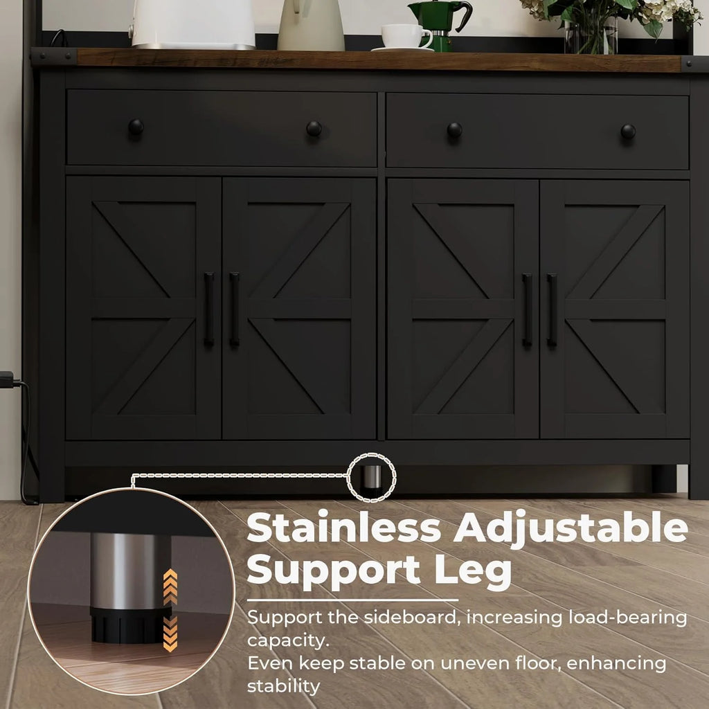 Winkalon Coffee Bar Cabinet with Hutch, 55" W Kitchen Buffet Sideboard Cabinet with 2 Drawers & USB Power Station, Black