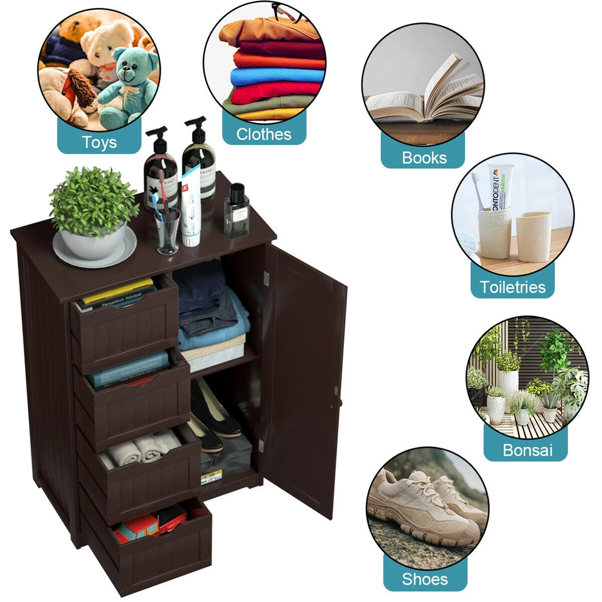 Gymax Bathroom Floor Cabinet Storage Organizer Cupboard w/ 4 Drawers Adjustable Shelf Grey