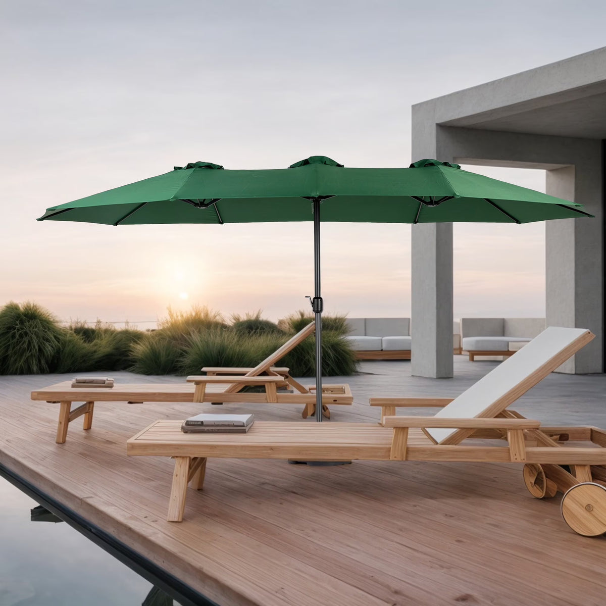 Outdoor Patio Umbrella, 15FT Double-Sided Solar Umbrella with Crank, Large Umbrella for Pool Yard, with 12pcs Steel Ribs, Dark Green
