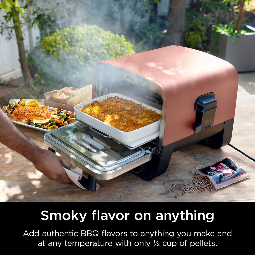 Ninja Woodfire? Pizza Oven, 8-in-1 outdoor oven, 5 Pizza Settings, Ninja Woodfire? Technology, up to 700F heat, BBQ smoker, electric
