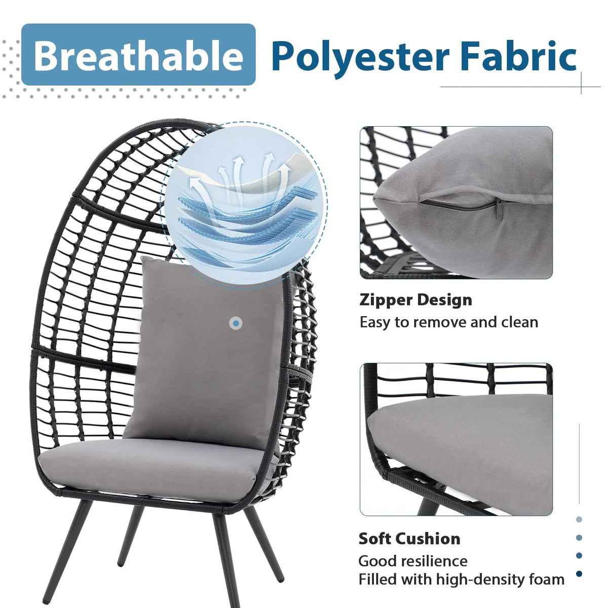 Indoor Outdoor Swing Egg Chair with Stand, Patio Foldable Grey Wicker Rattan Hanging Chair with Cushion, Light Gray