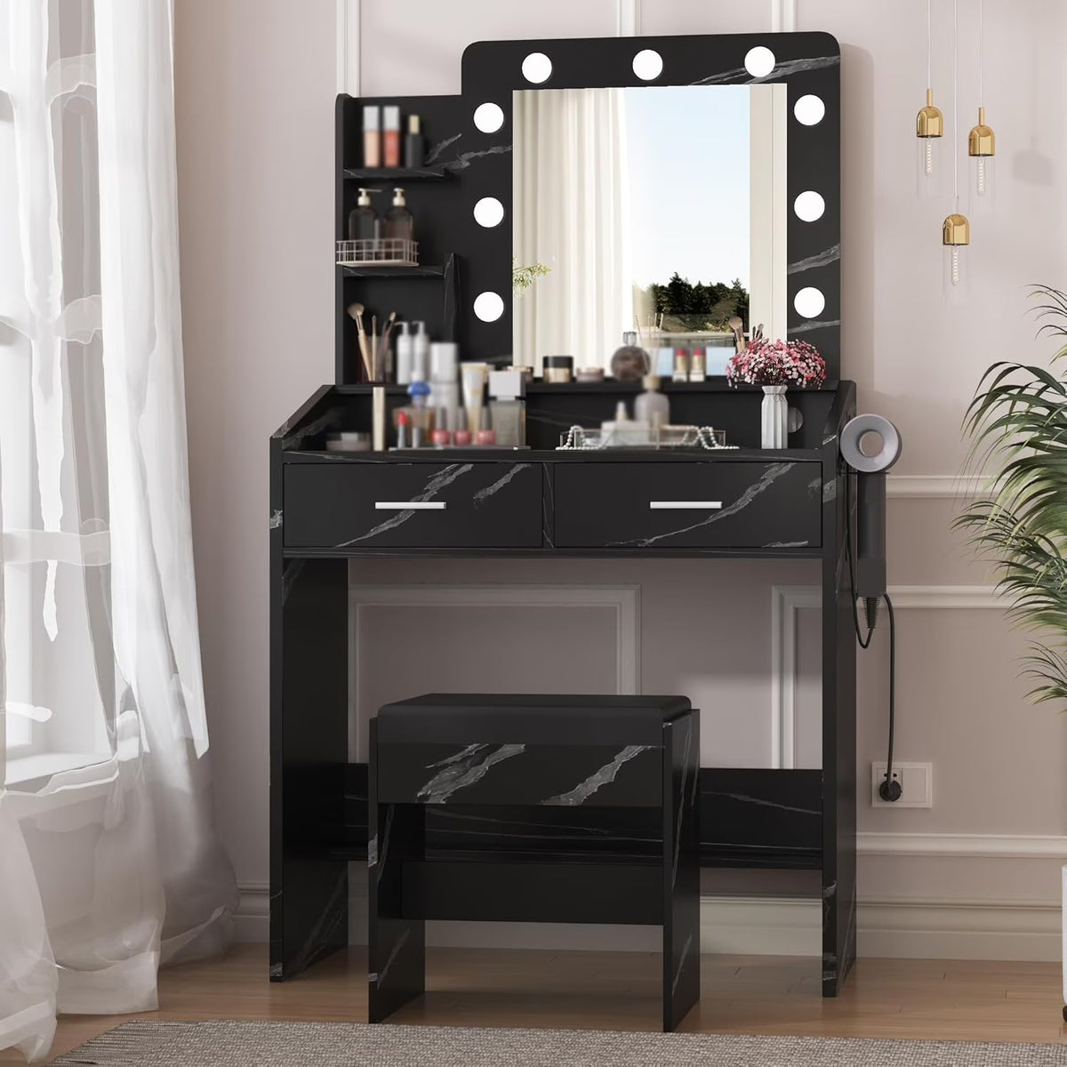 OYang Makeup Vanity with Lights, Vanity Desk with Mirror and Lights Set, Large Drawer and Two-Tier Lots Storage Cabinet, 3 Lighting Modes Adjustable Brightness