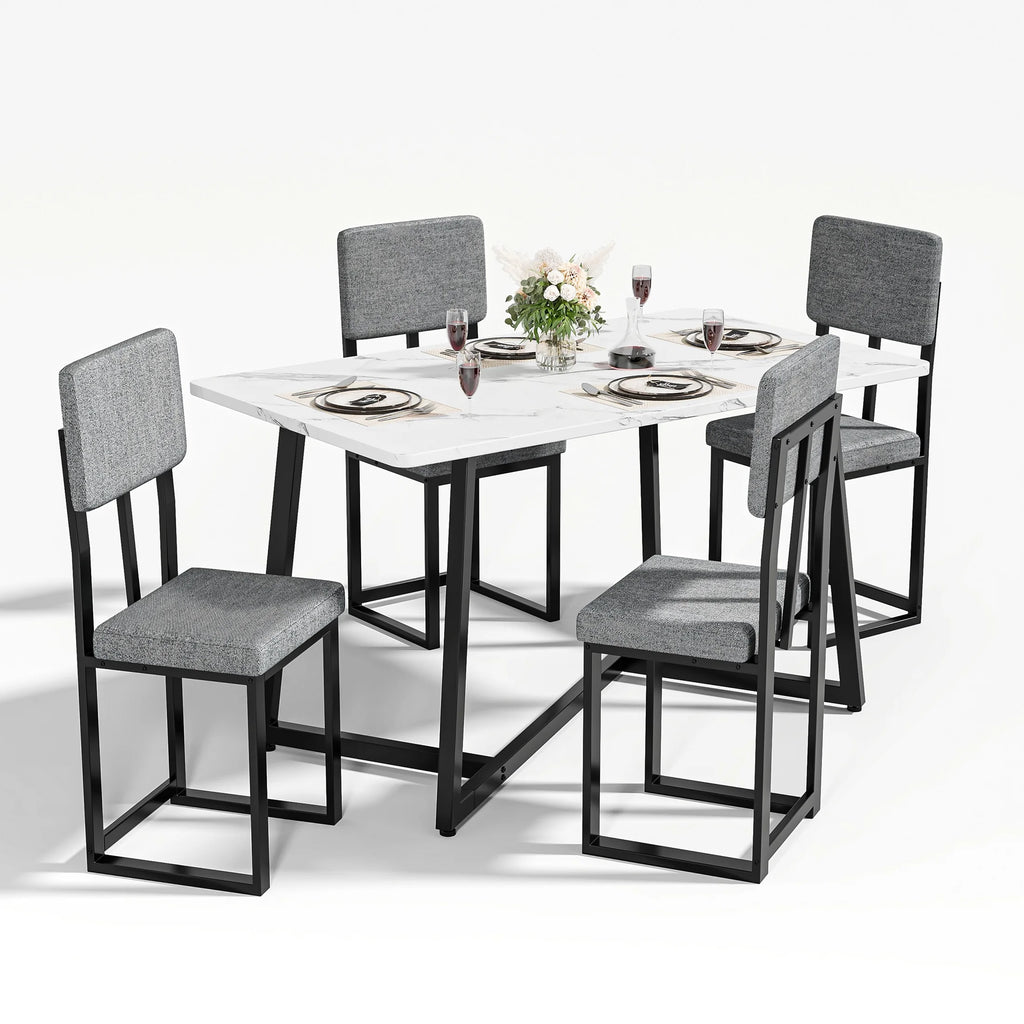 PORKISS Dining Table Set for 4, Kitchen Table Set with Chair for 4 with Faux Marble Table and 4 Linen Upholstered Chairs, Dining Room Set for Kitchen Dining Room Small Space, White + Gray + Black
