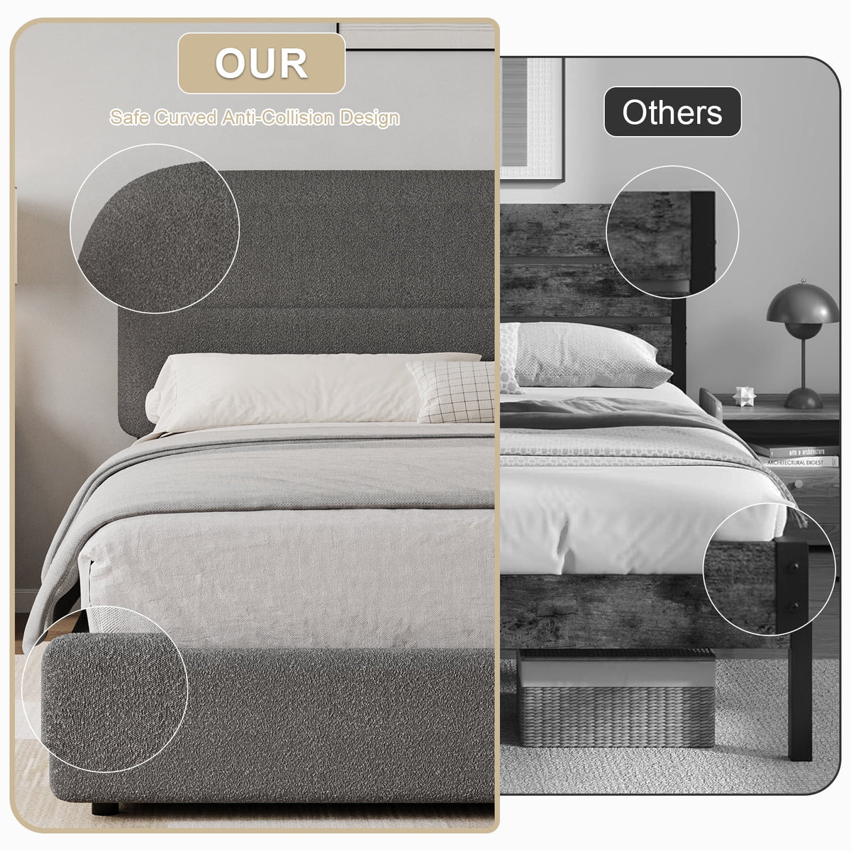 4 EVER WINNER Queen Bed Frame with Headboard, Boucle Upholstered Platform Bed Frame wiith Rounded Corner, Soft Cloud Bed Frame, No Box Spring Needed, White