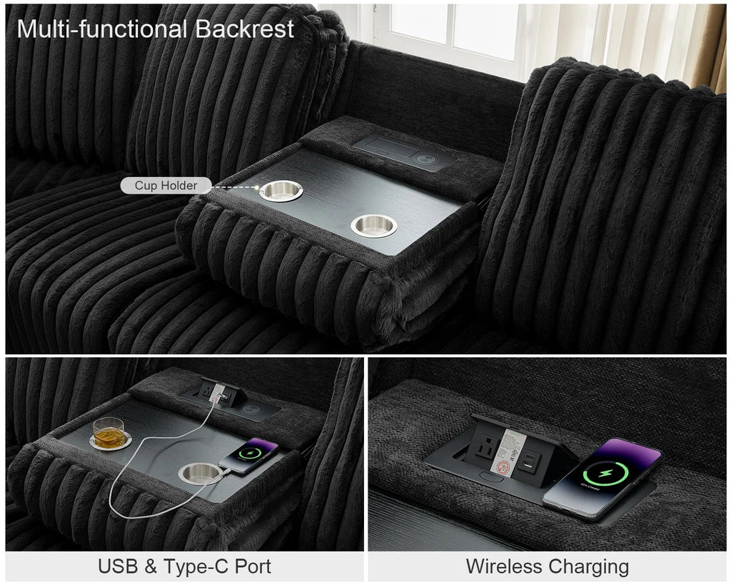Power Reclining Sectional Sofa with Wireless Charger,6-Seater Faux Fur Sectional with Recliners,Hidden Cup Holders,Storage Console,USB & Type-C Ports,Black