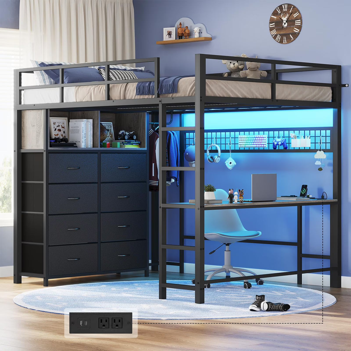 Afuhokles Twin Size Loft Bed with Desk and 8 Storage Drawers and Charging Station, Metal Loft Bed Twin with LED Lights, Storage Shelves, Black