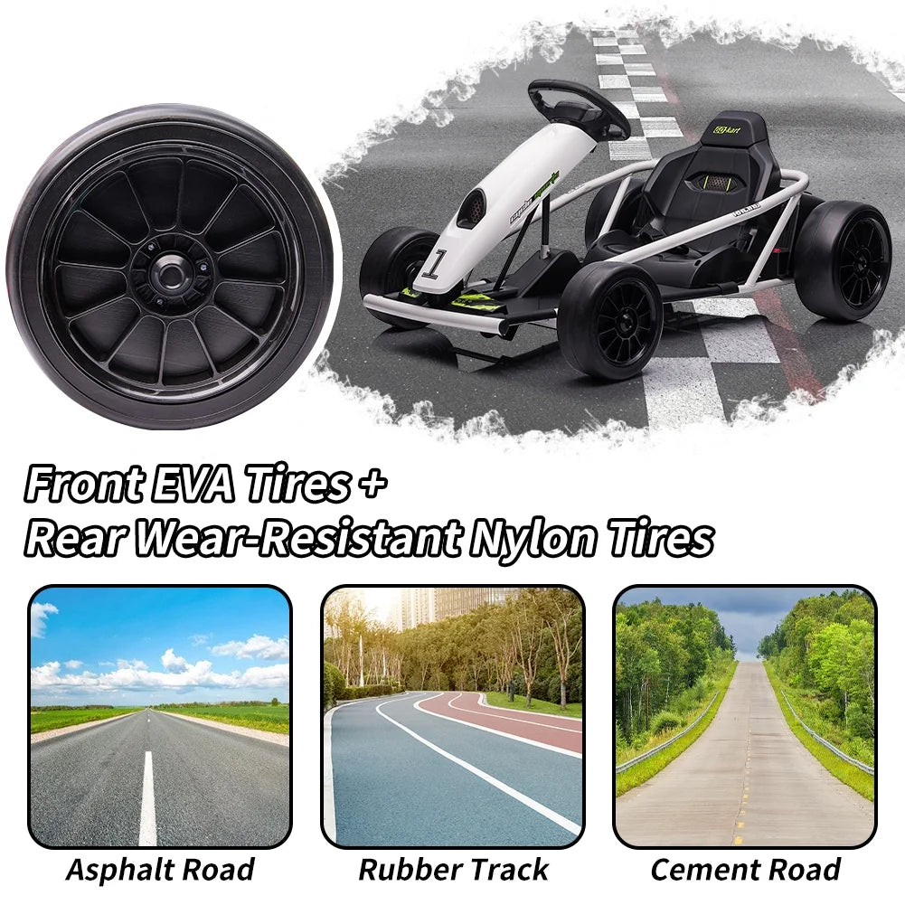 Geetinfly Go Kart for Kids,24V Battery 300WX2 Motors Pedal On Foot Go Cart,8MPH High Speed Drifting Car with Slow Start Function,Music,White
