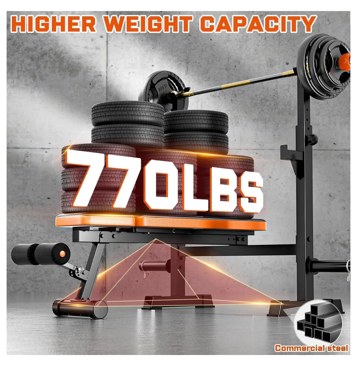 770lbs Weight Set with Squat Rack, 5 in 1 Workout Press With Removable Foot Catch, Adjustable Flat Incline Sit Up for Home Gym Full Body Strength Training orange