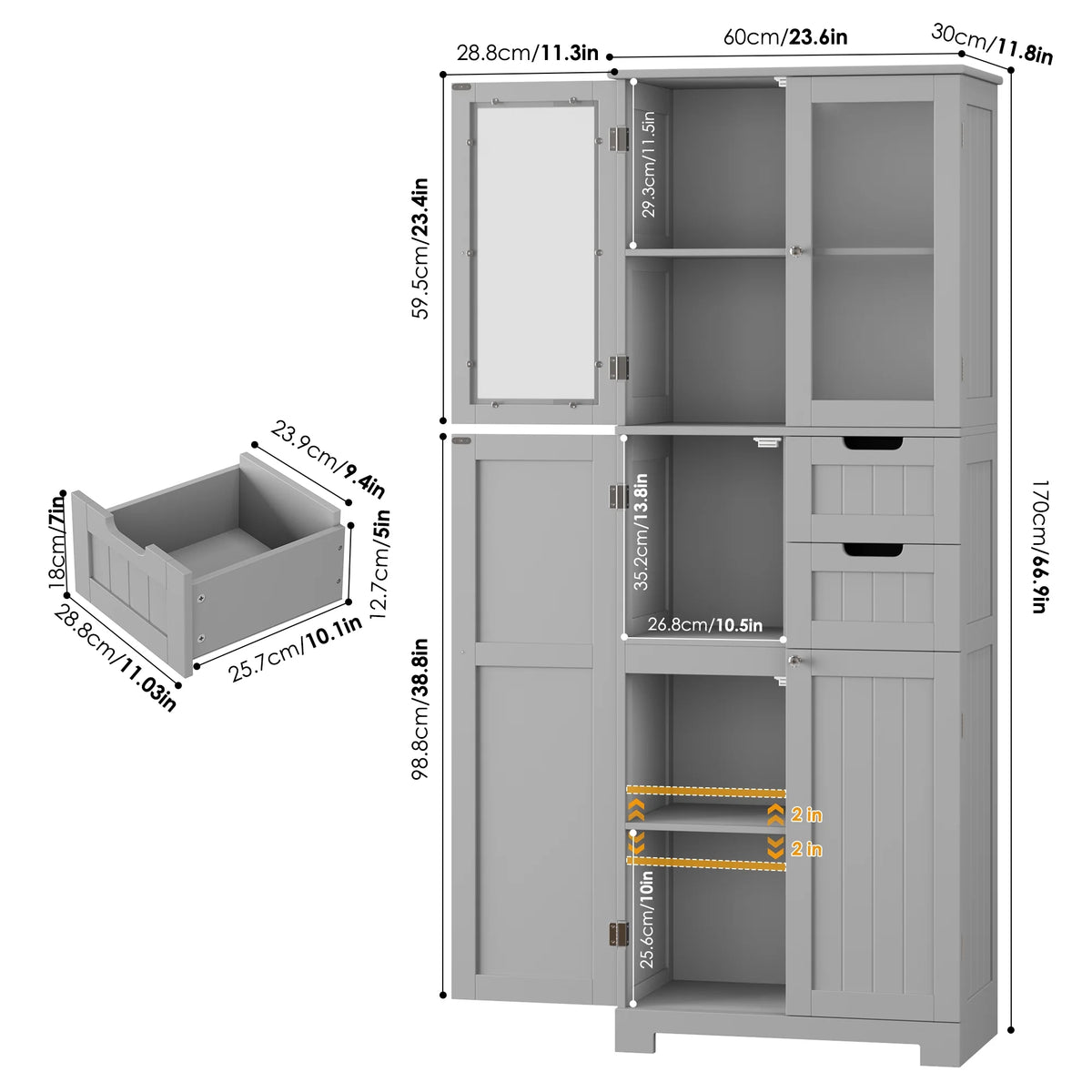 Homfa 67" Tall Bathroom Cabinet, White Linen Cabinet with Doors and Removable Drawers, Kitchen Cupboard